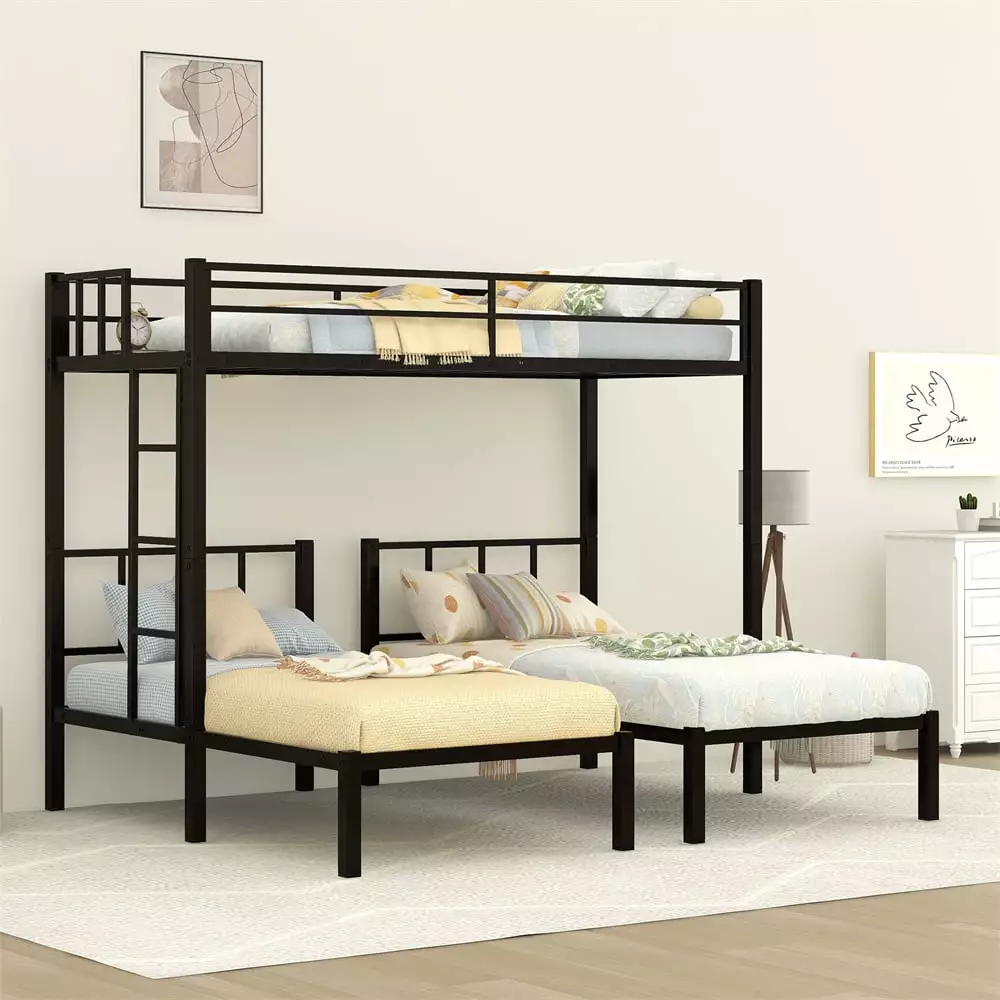 L-shaped Triple Bunk Bed - Twin Size Metal Bunk Bed Frame Storage Board and Small Table Triple Tree