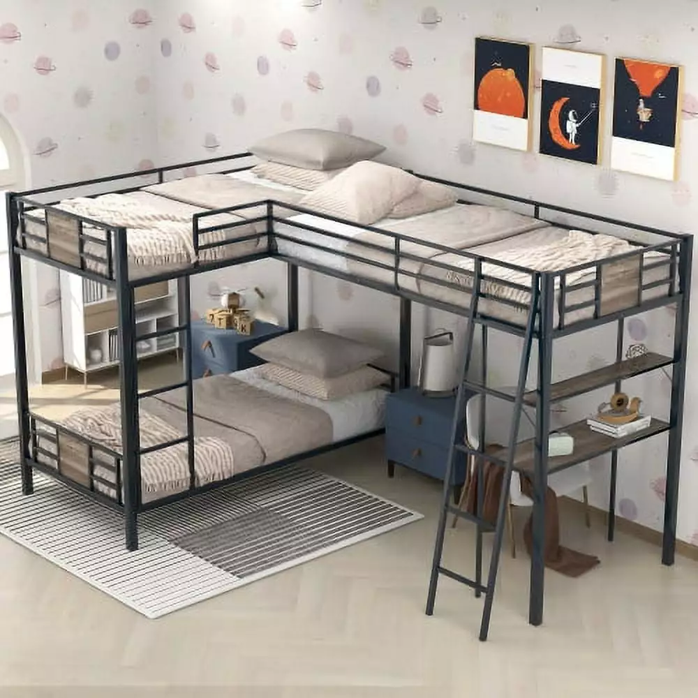 Triple Metal Bunk Bed L-Shaped Desk and Shelf Twin Over Twin Bunk Bed Small Spaces Triple Tree