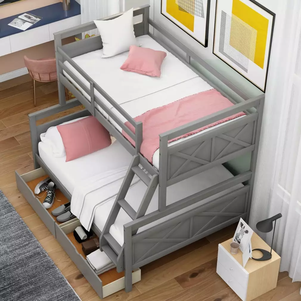 Twin Over Full Bunk Bed 3 Steps 11 Guardrails Built- 2 Drawers Teens Adults Grey Triple Tree