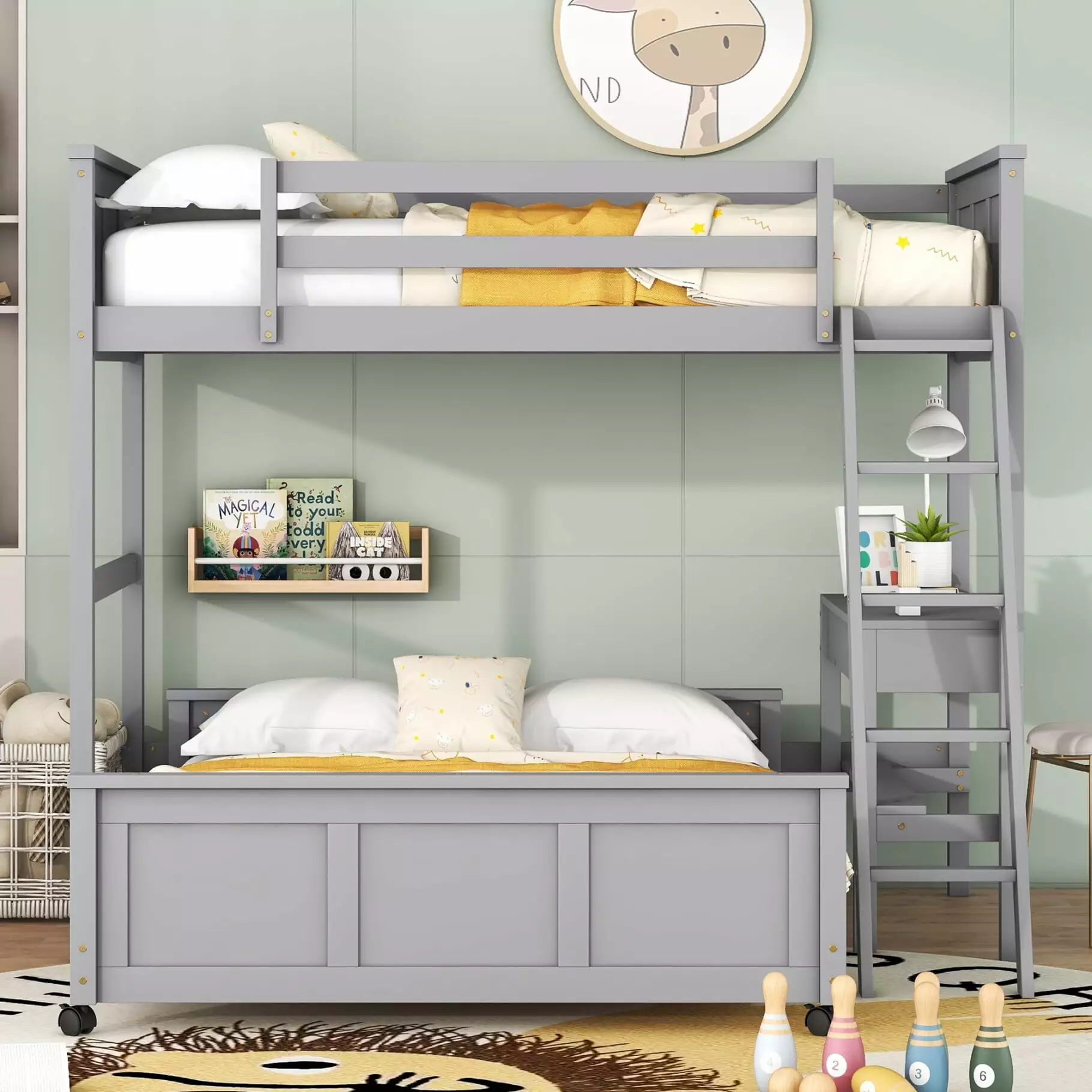 Twin Over Full Bunk Beds Desk and Drawers L-Shaped Bunk Bed Gray Triple Tree