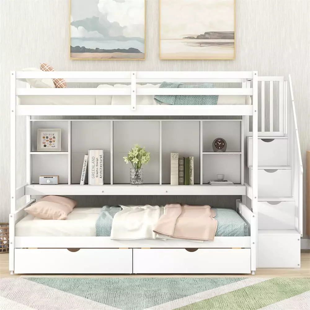 Twin XL Over Full Stairway Bunk Bed Storage Shelves - Space Saving Design Triple Tree