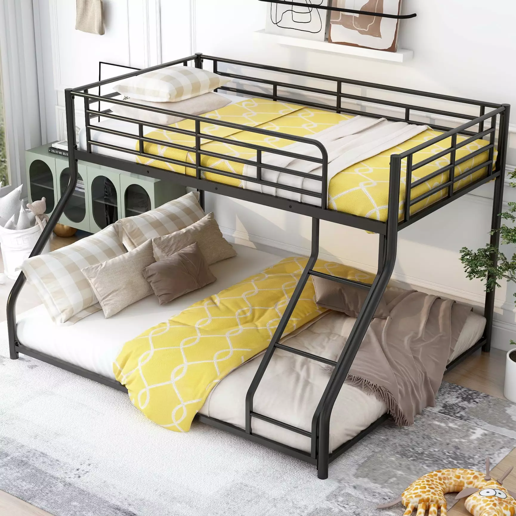 Twin XL Over Queen Bunk Bed Security Guardrail Black Metal Frame Triple Tree