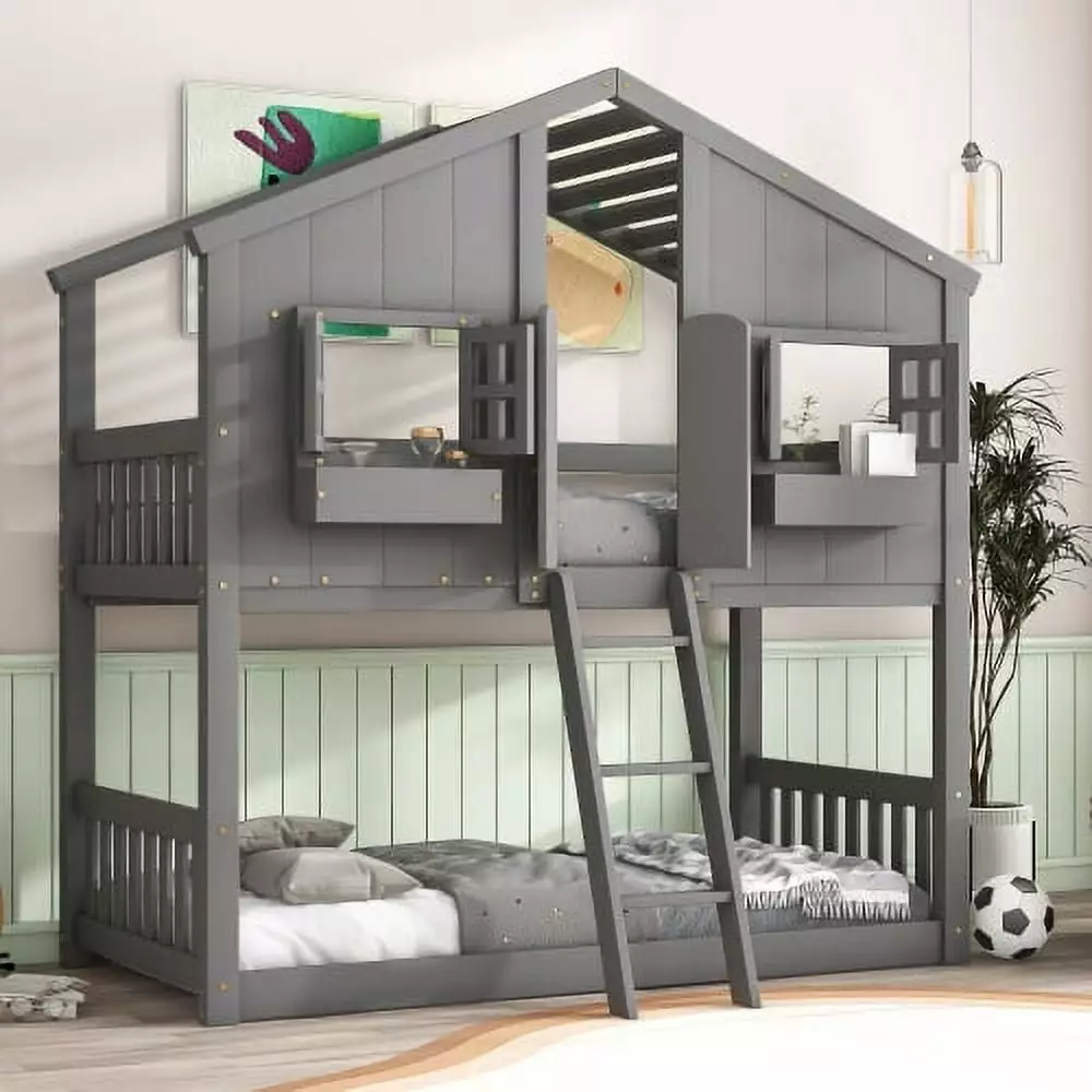 Twin over Twin Houtilize Bunk Bed Roof Window Window Box Door and Guardrails Triple Tree