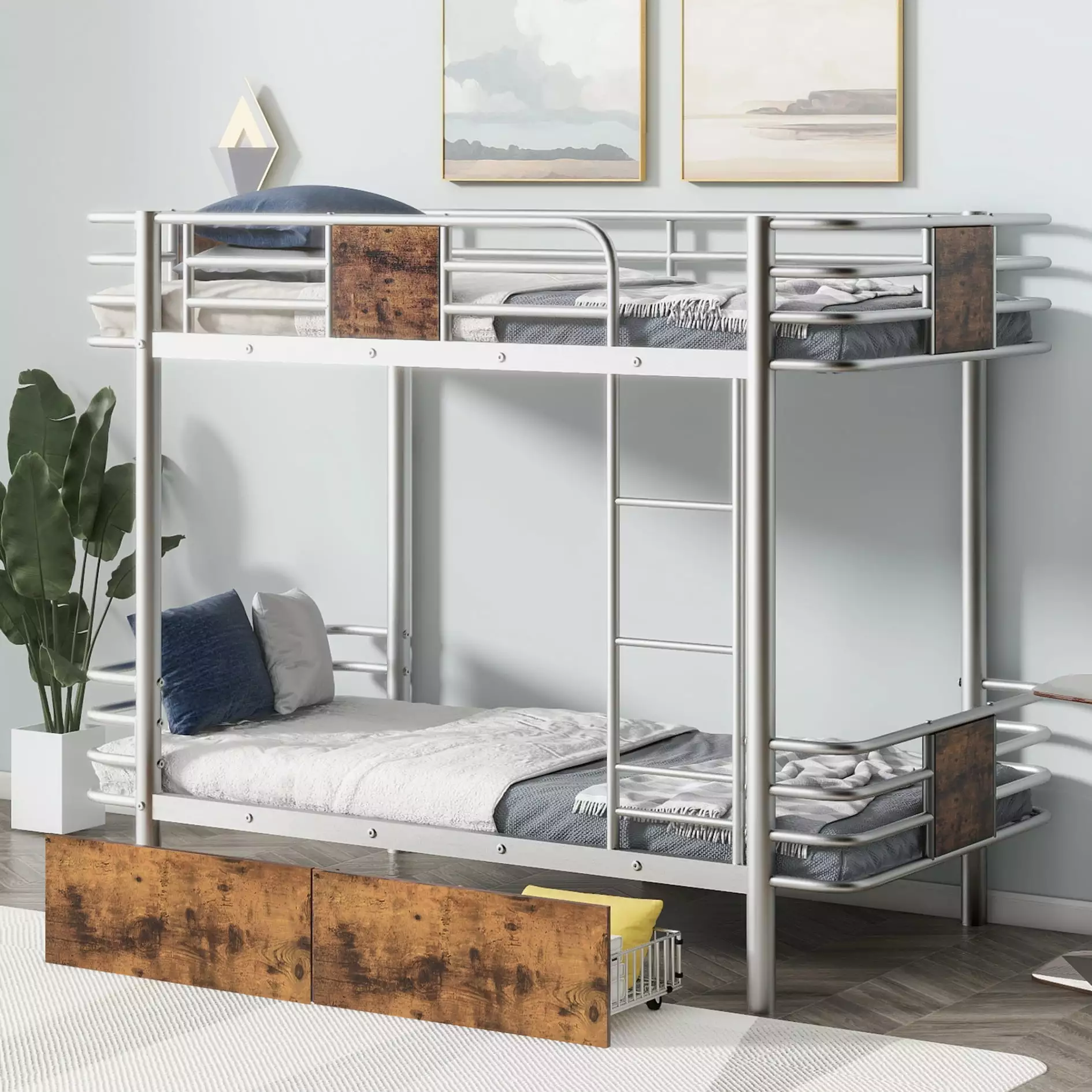 XL Twin Over Twin Metal Bunk Bed Storage Drawers - Silver Heavy Duty Bunk Bed Kids Teens and Adults Triple Tree