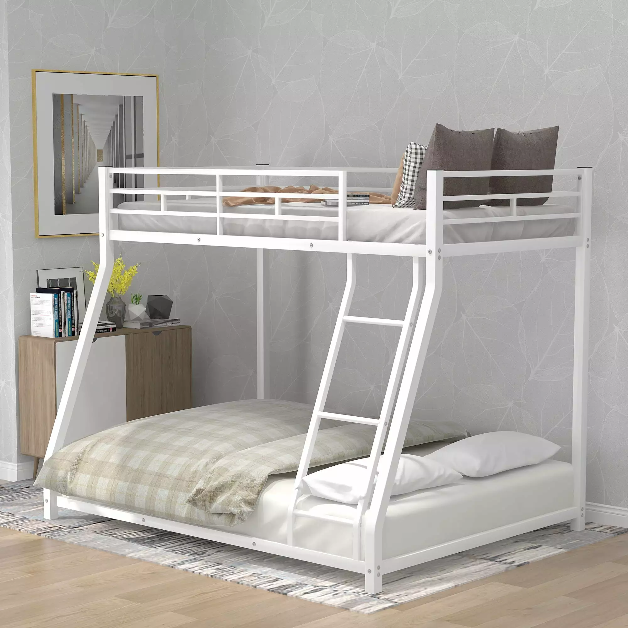 White Twin Over Full Metal Bunk Bed Inclined Ladder and Guardrail Triple Tree