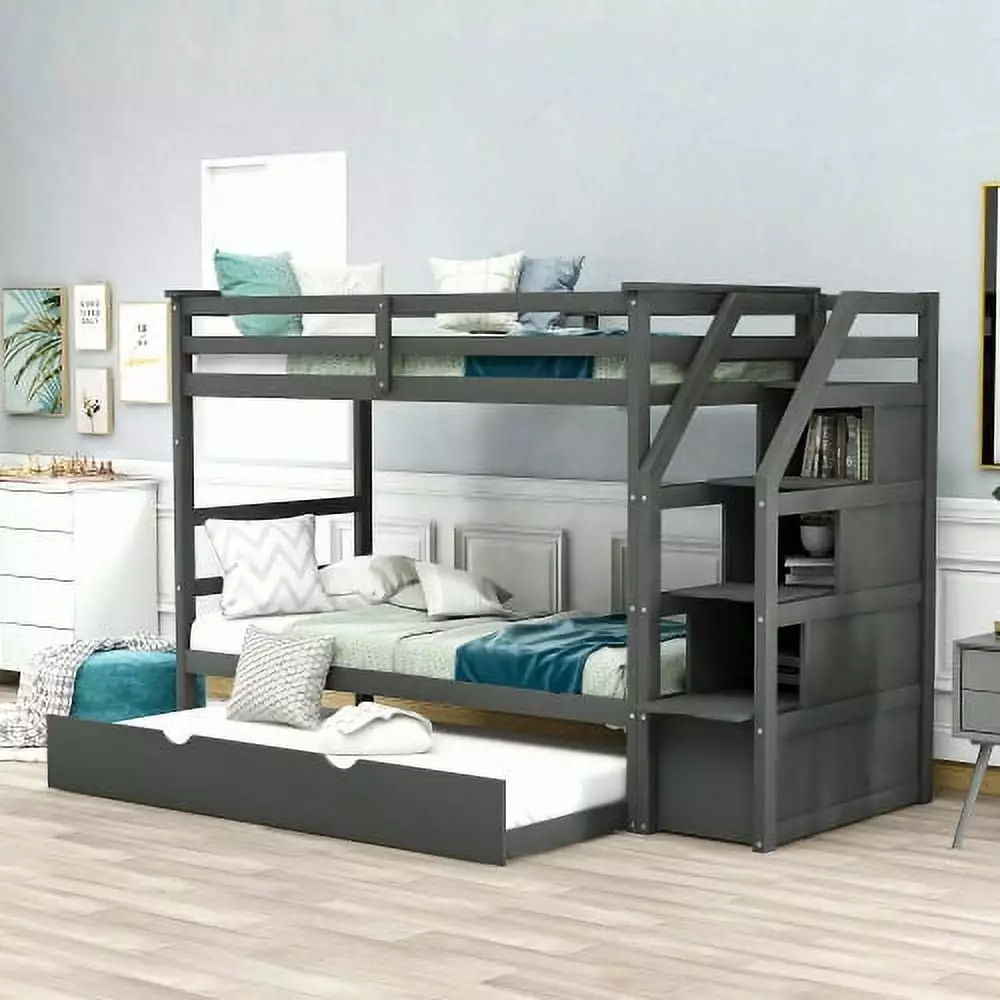 Wood Twin-Over-Twin Bunk Bed Trundle and Staircase Trundle Bunk Bed 3 Storage Stairs Boys Girls Teens Adults Grey Triple Tree