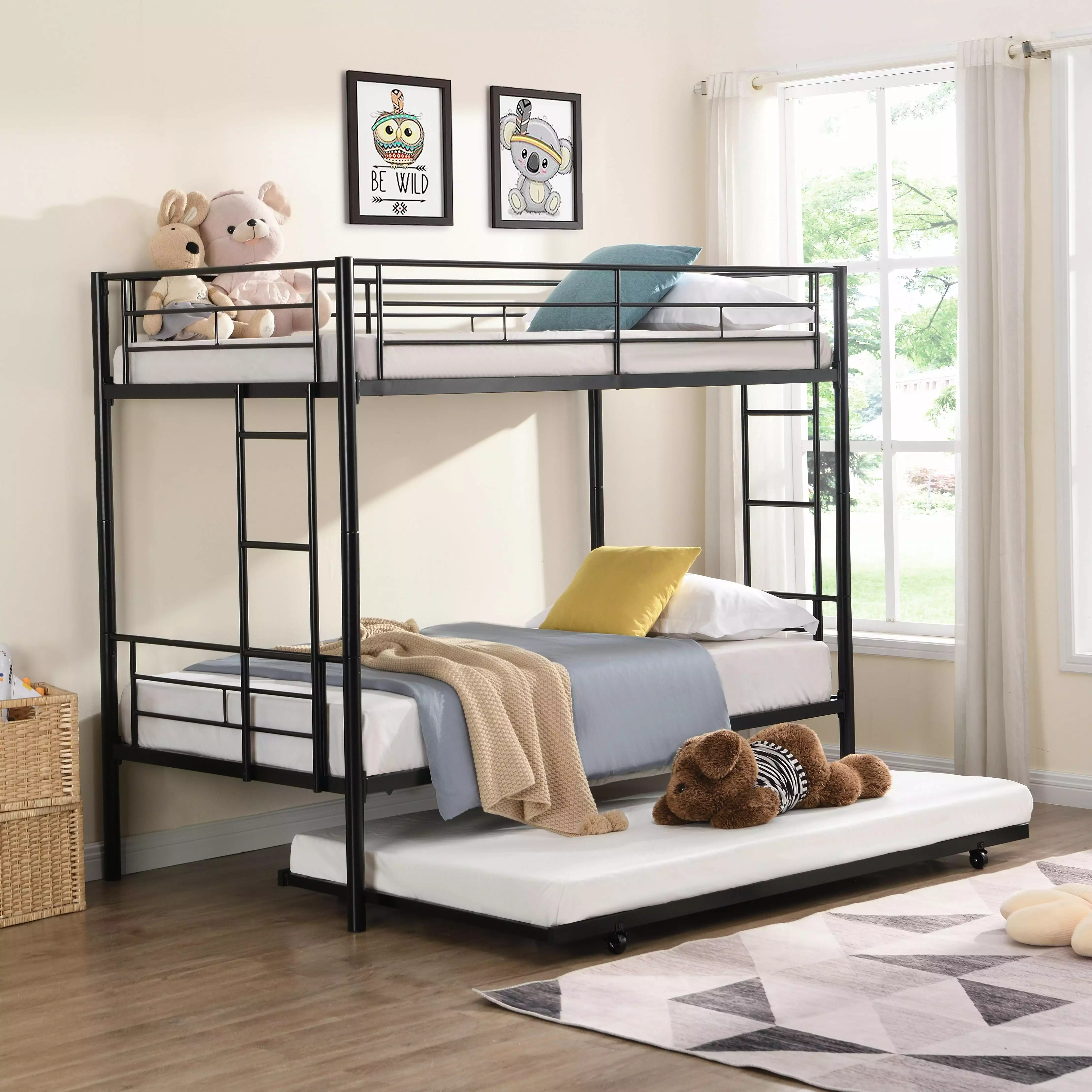 uhomepro Twin over Twin Bunk Bed Trundle and Side Ladders Black