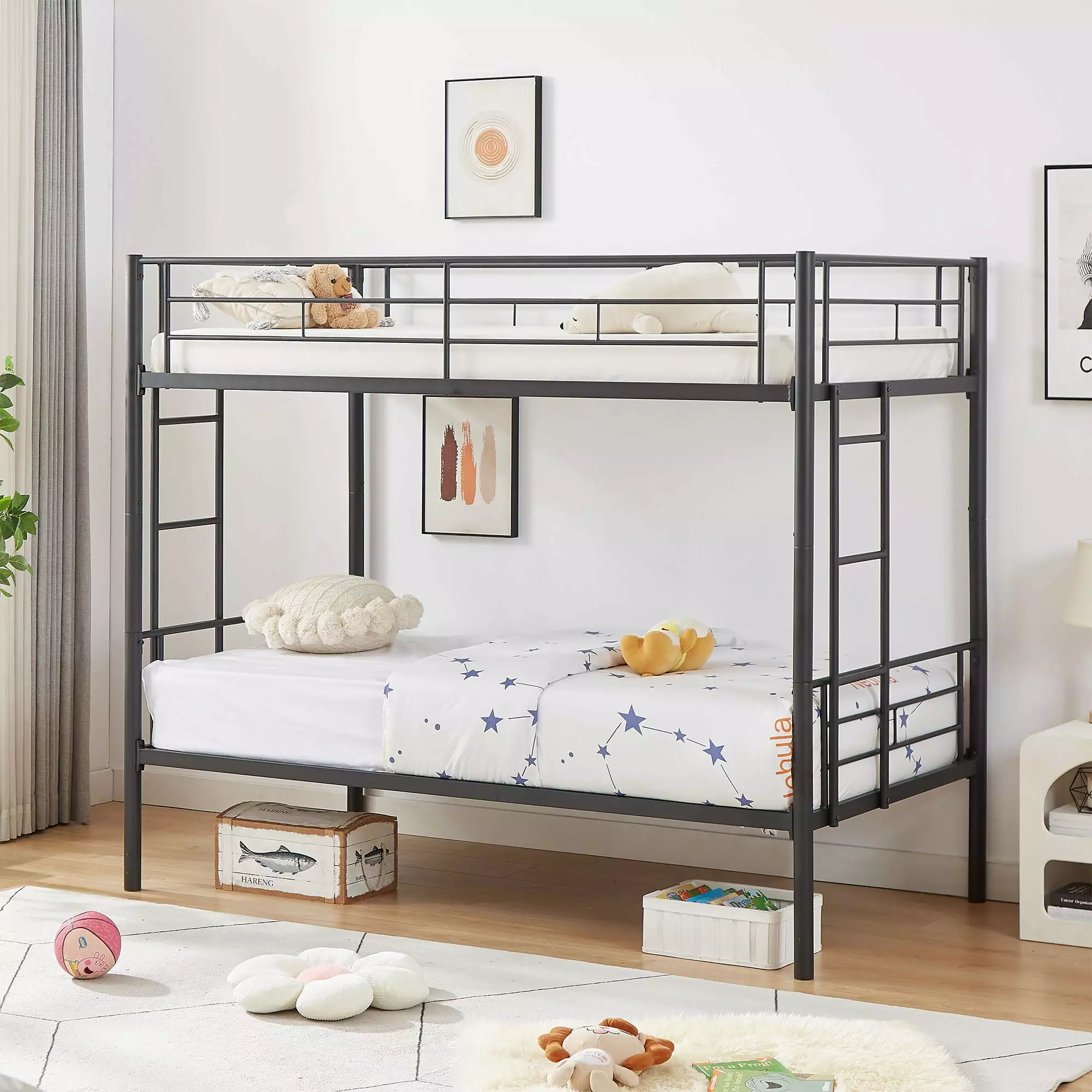 Metal Twin Over Twin Bunk Beds Double Sided Ladder and Full-Length Guardrail Heavy Duty Bed Frame VECELO