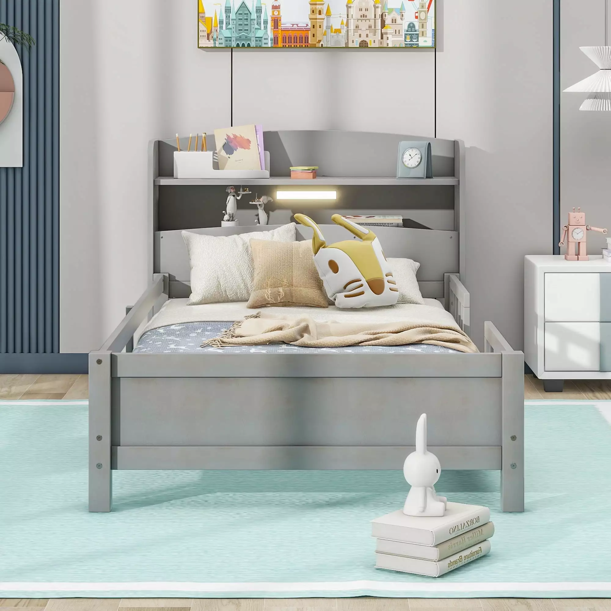 Wood Twin Size Platform Bunk Bed Built- LED Light and Storage Board Antique Grey voqoomkl