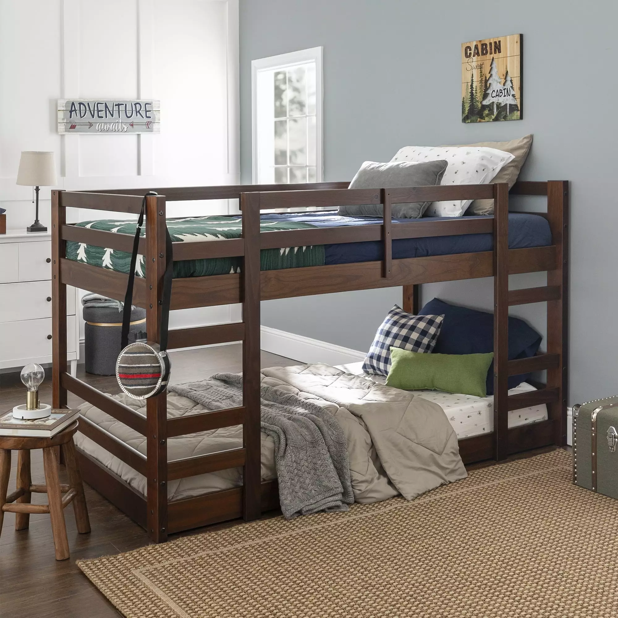 Walker Edison Solid Wood Twin Over Twin Floor Bunk Bed Walnut - Sturdy Kids Bunk Bed
