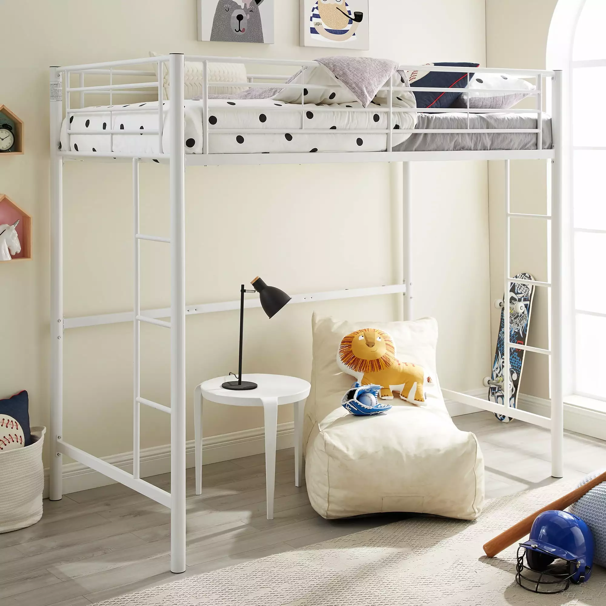 White Powder-Coated Metal Twin Loft Bunk Bed Kids Walker Edison