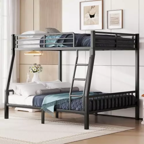 Zoeye Full XL Over Queen Metal Bunk Bed Ladder and Slats Support Adults Teens Black