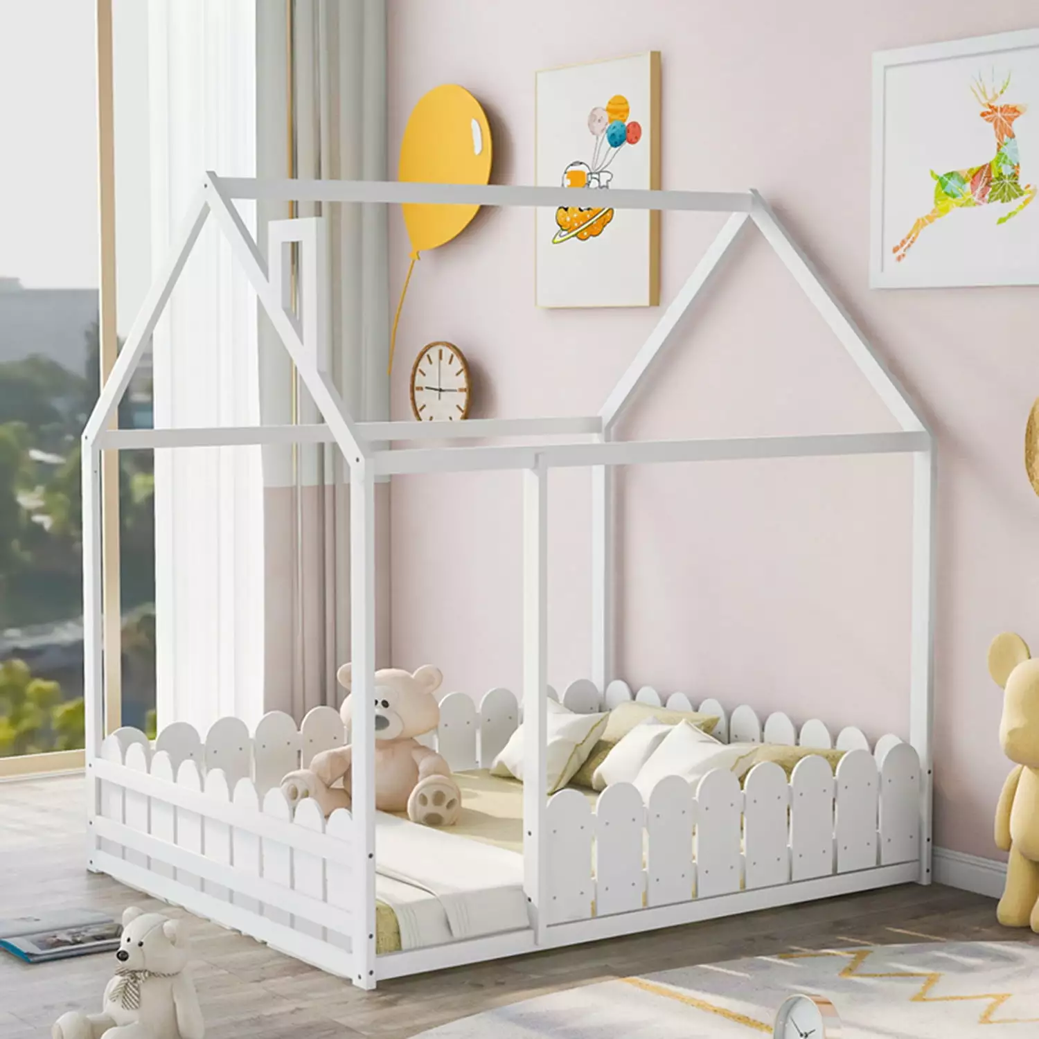 Full Size Houtilize Floor Bed Wooden Bed Frame Roof and Fence Multifunctional Platform Bed Frame Cabin Bed Boys Girls Bedr...