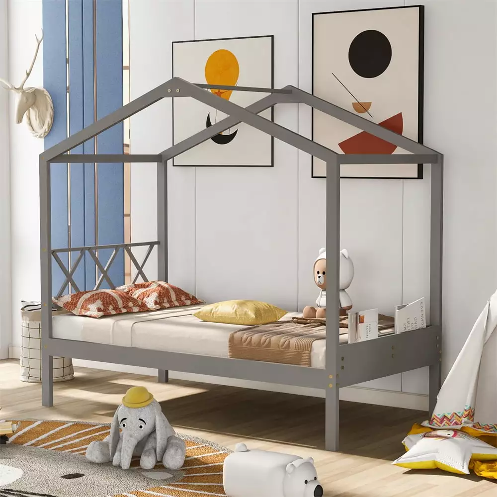 Twin Size Houtilize Bed Headboard and Storage Footboard Kids Wood Cabin Bed Frame Montessori Bed Platform No Box Spring Ne...