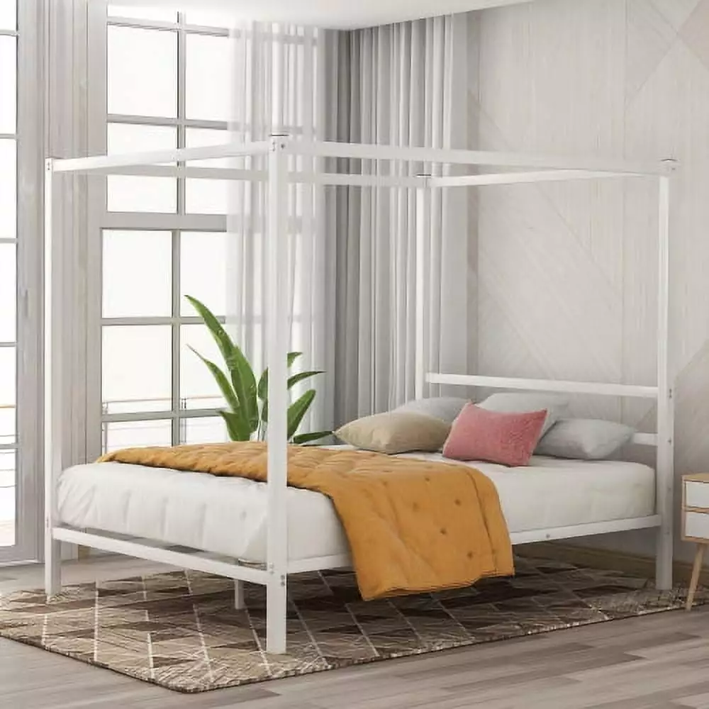 Queen Canopy Bed Frame Metal Four Posters and 14 Inch Platform - No Box Spring Needed - White Anwick