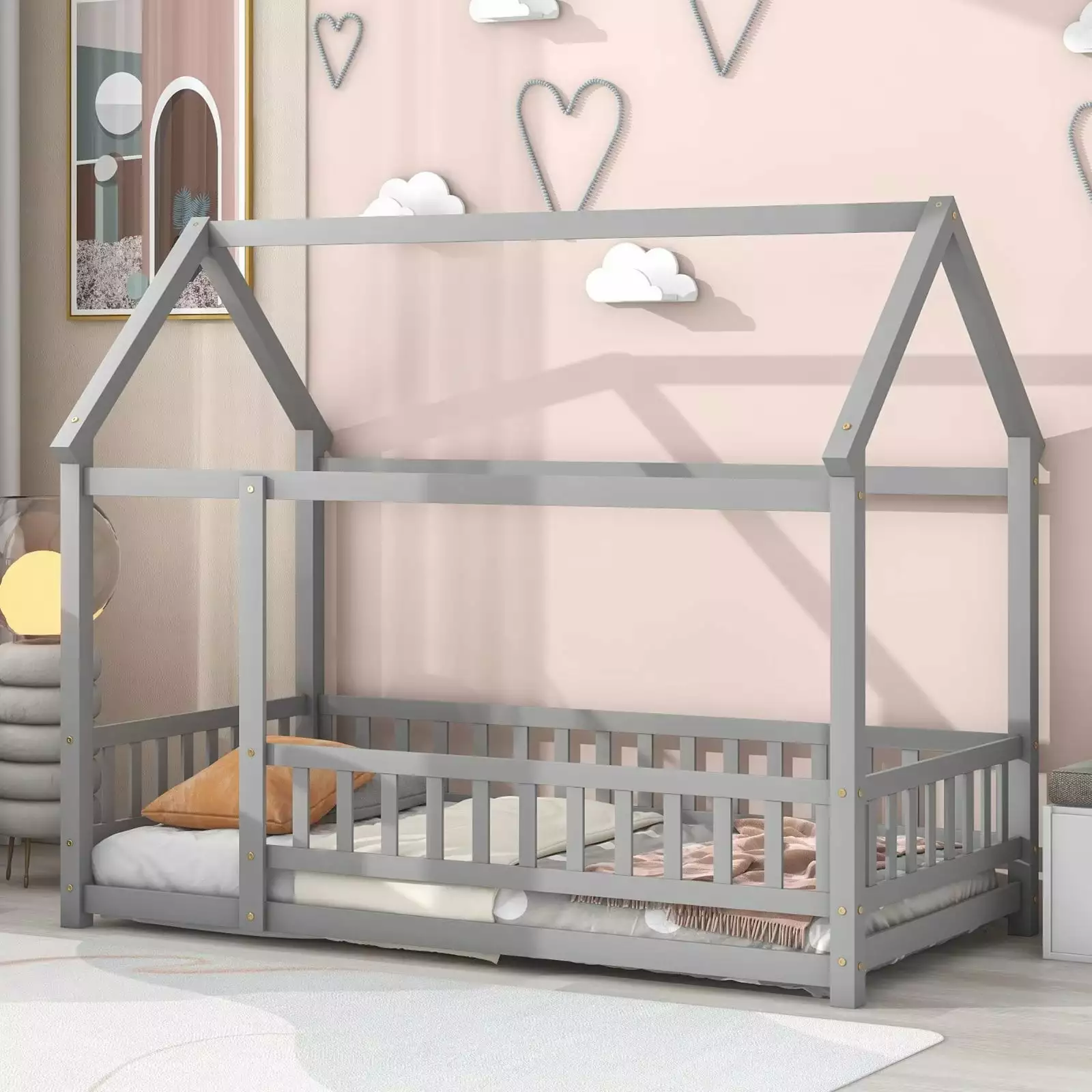 Twin Size Houtilize Bed Boys and Girls Wooden Canopy Bed Tent Bed Full-length Guardrail Gray ARCTICSCORPION