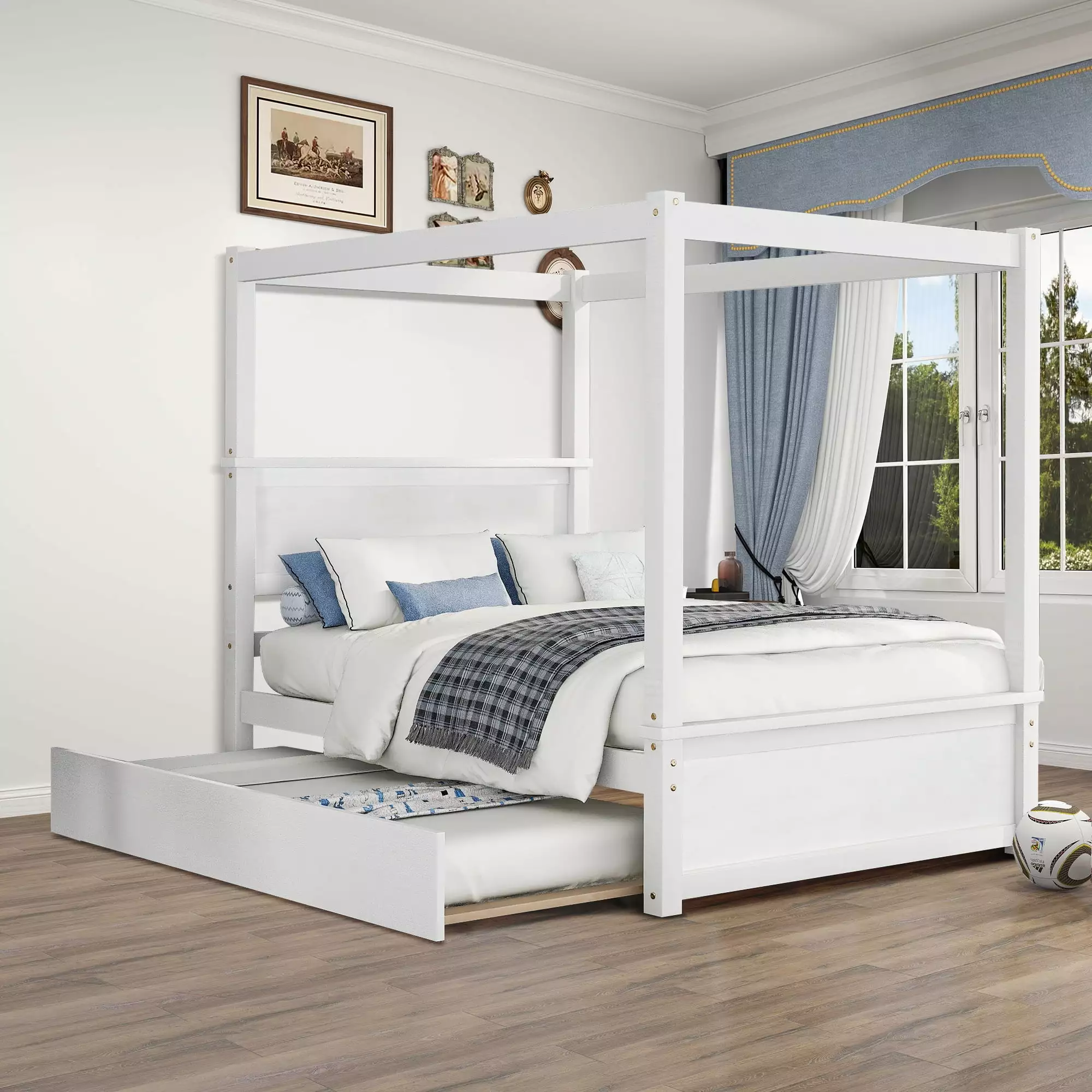 Aukfa Full Canopy Platform Bed Trundle - White - Wood Trundle Bed Adults and Kids