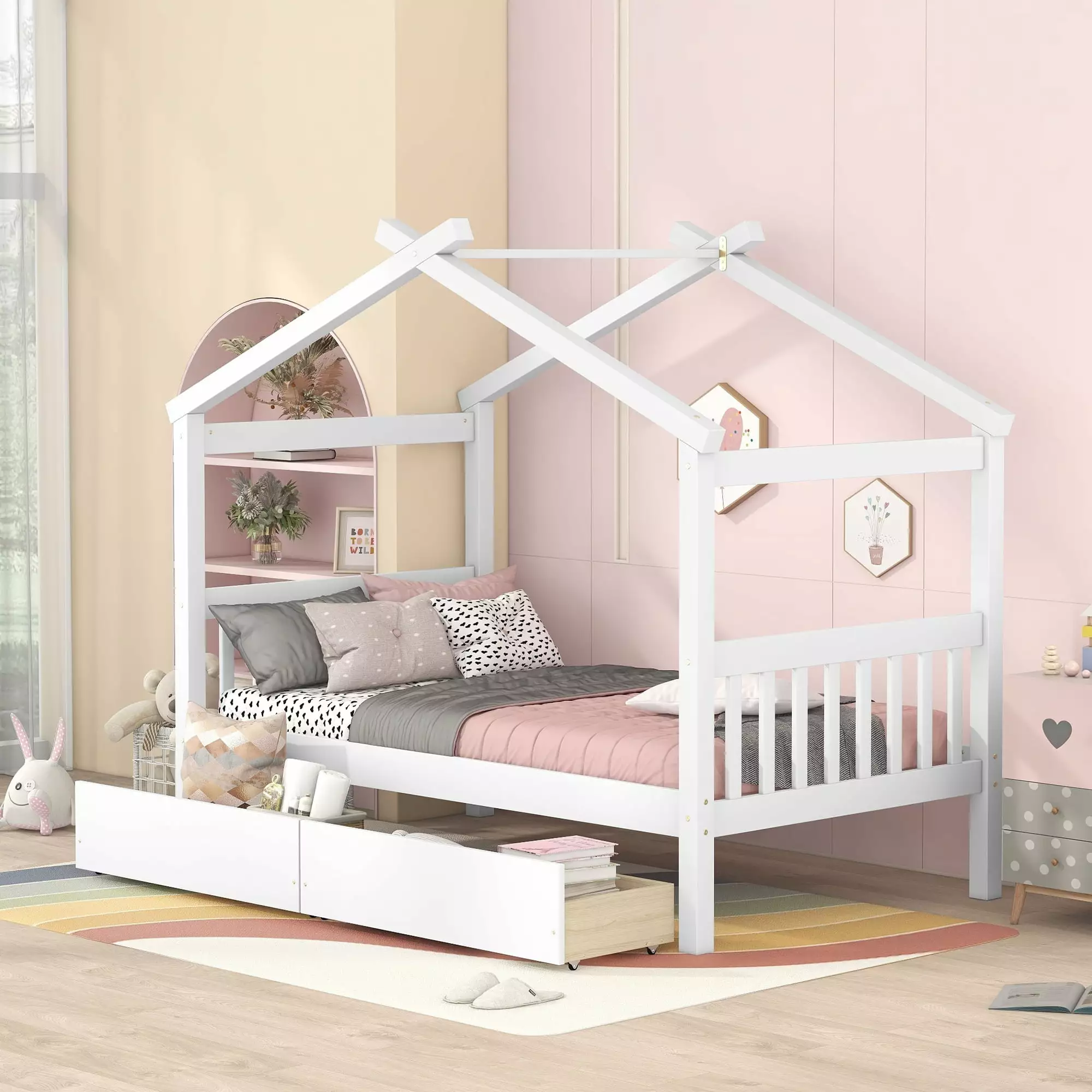 Bellemave Wood Twin Size Houtilize Shaped Canopy Bed Kids Montessori Houtilize Bed Storage Drawers Girls Boys White