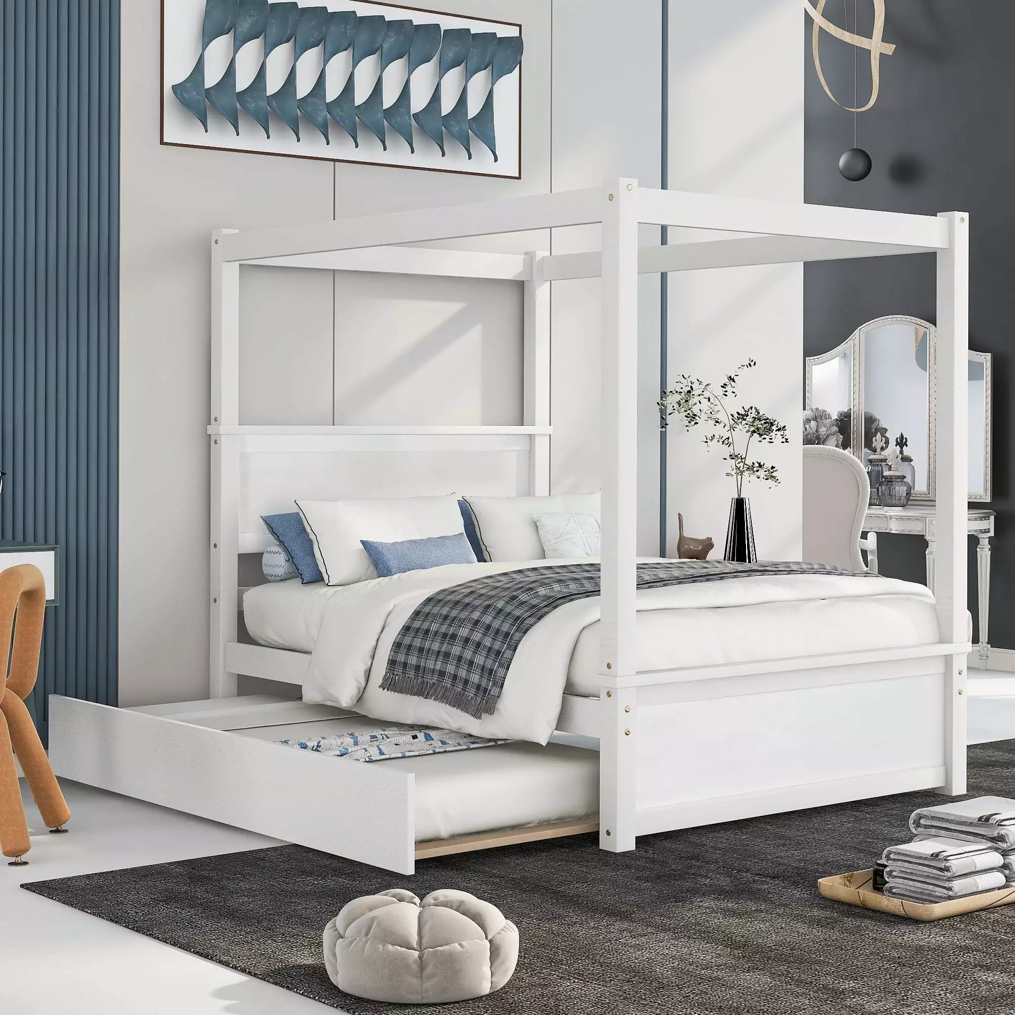 Brushed White Full Size Canopy Platform Bed Frame Trundle Small Spaces Bellemave