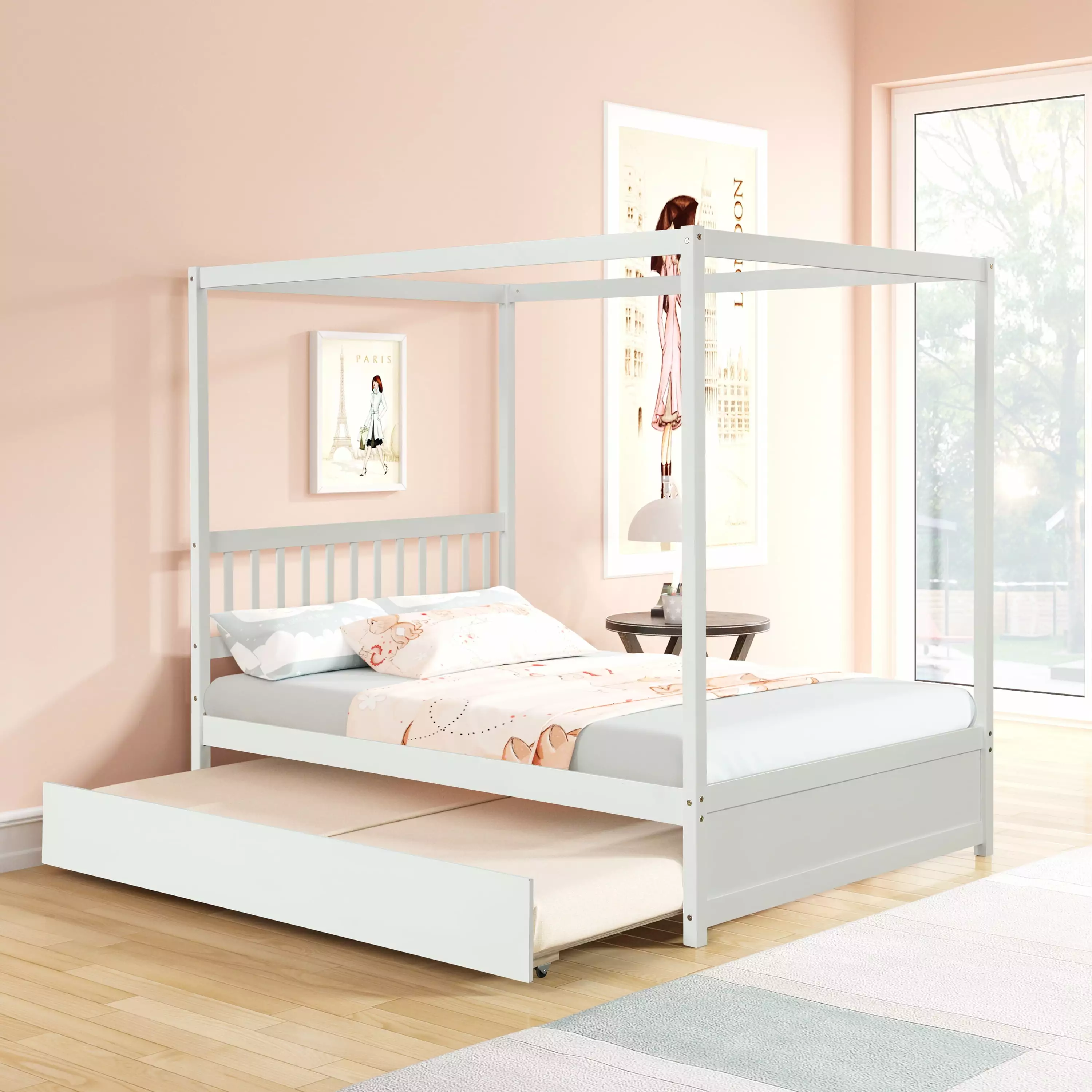 BTMWAY Full Size Canopy Bed Trundle Solid Wood Bed Frame Headboard No Box Spring Needed White