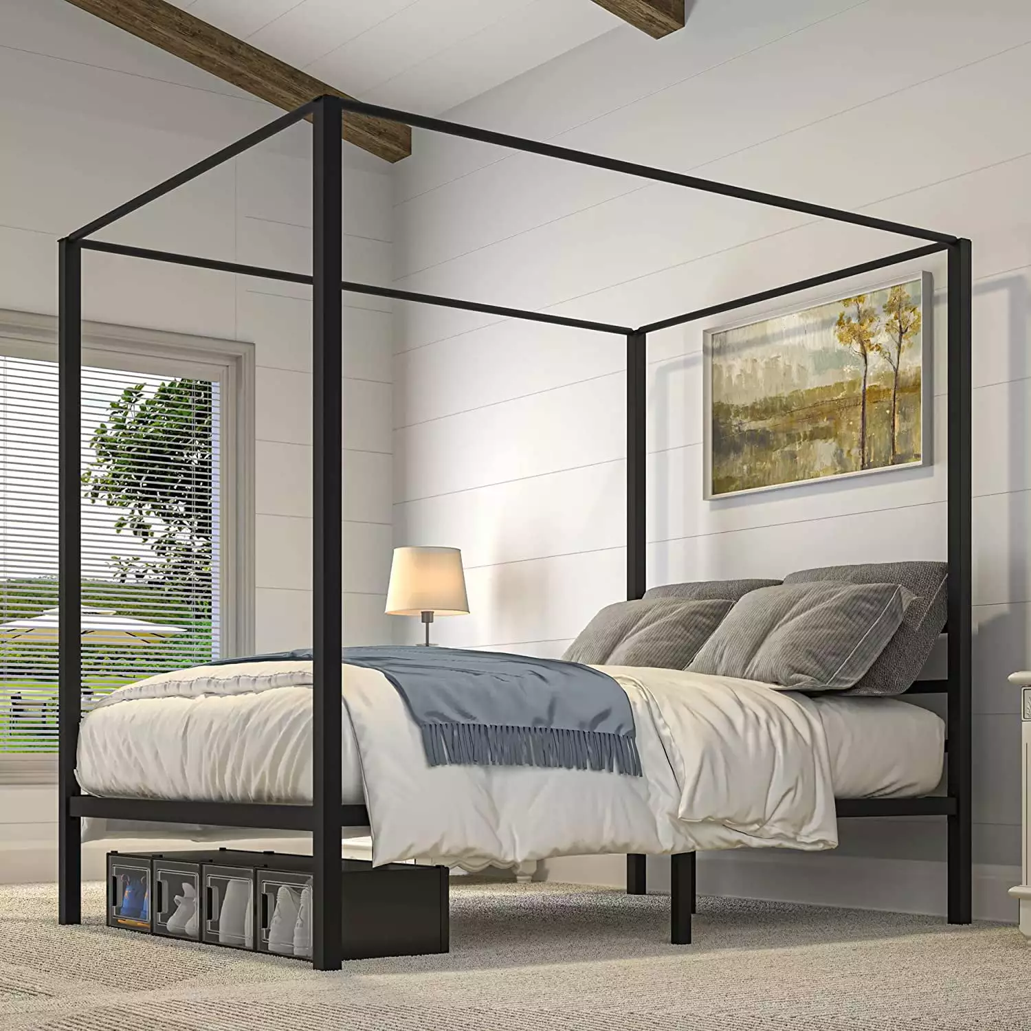 Dextrus Metal Canopy Bed Frame - 14 Inch Platform Four Posters Bed Built- Headboard, Strong Metal Slat Support, No Box Spr...