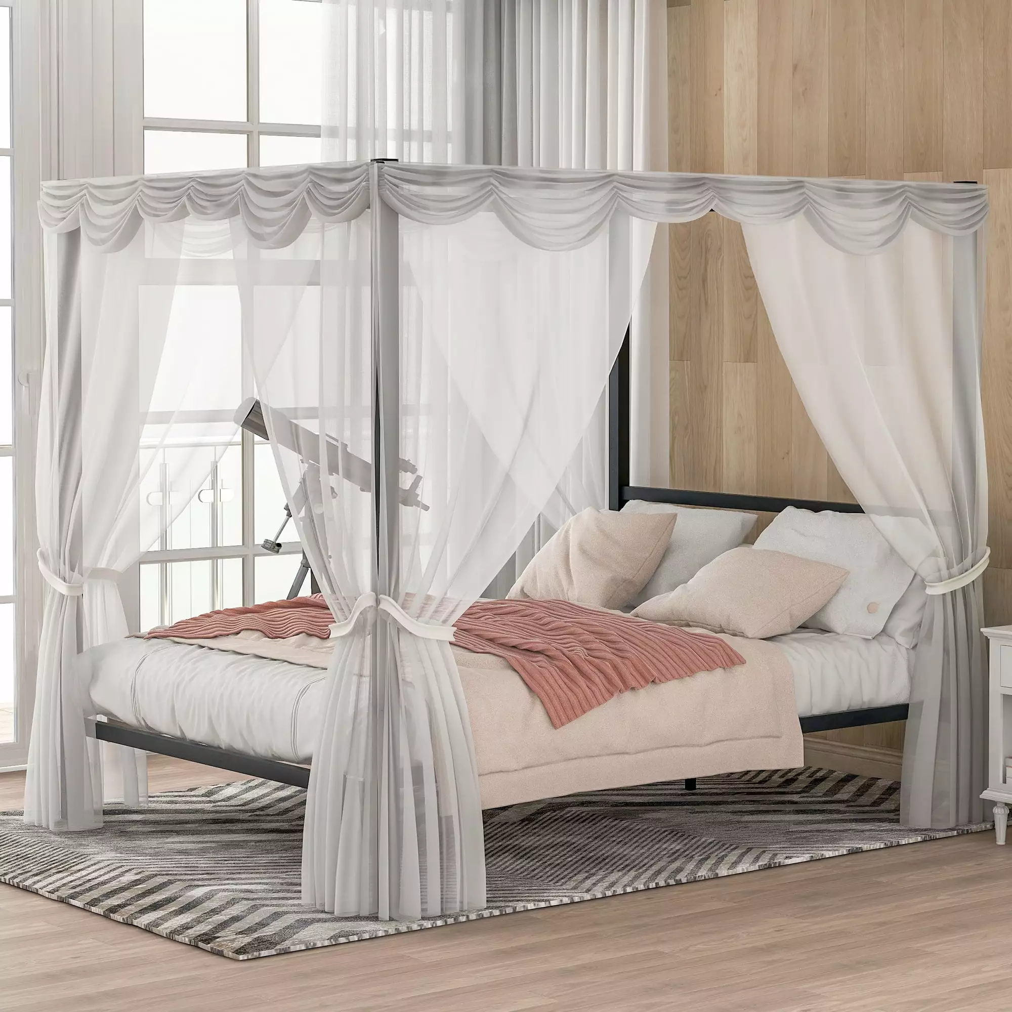 DreamBuck Queen Canopy Bed Frame Metal Framed Canopy Bed Platform Queen Bed Built- Headboard Bed Frame Queen Size No Box S...