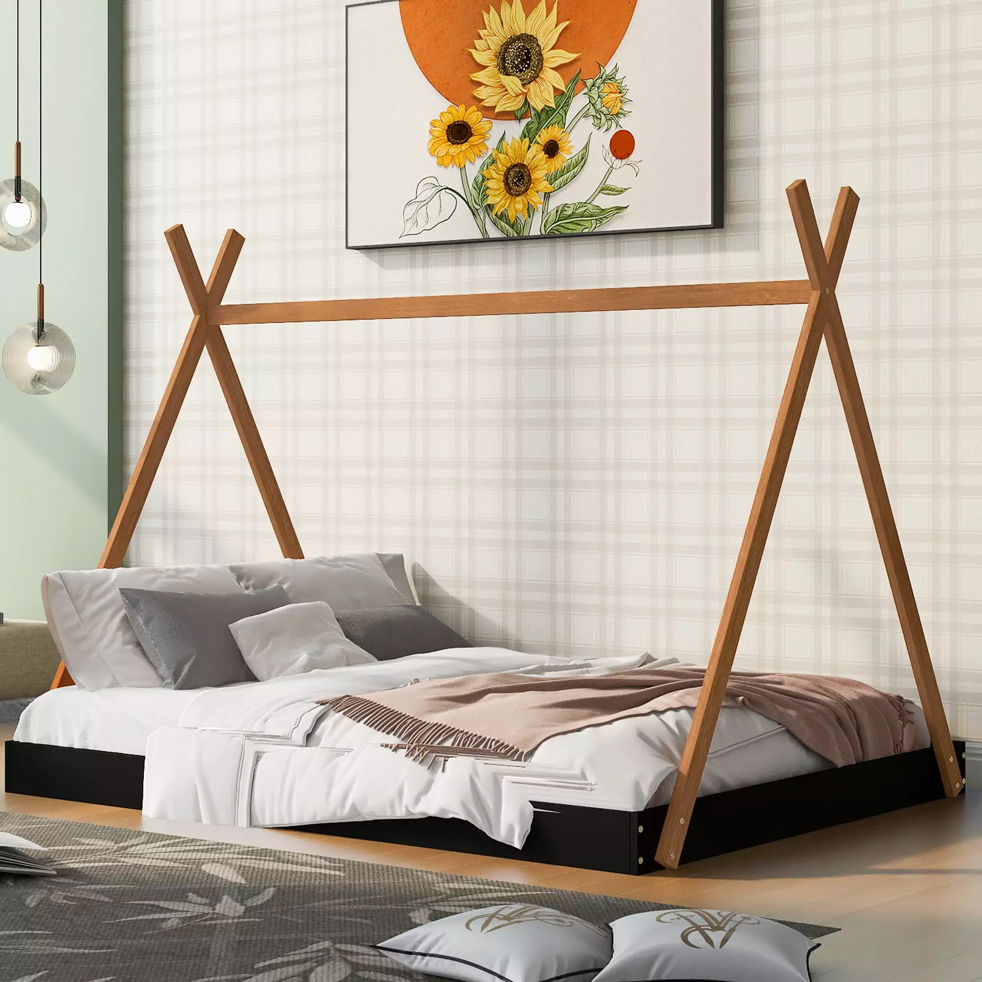 Euroco Full Size Tent Floor Bed X-Shaped Platform Bed Kids Wood Triangle Canopy Bed Frame Natural