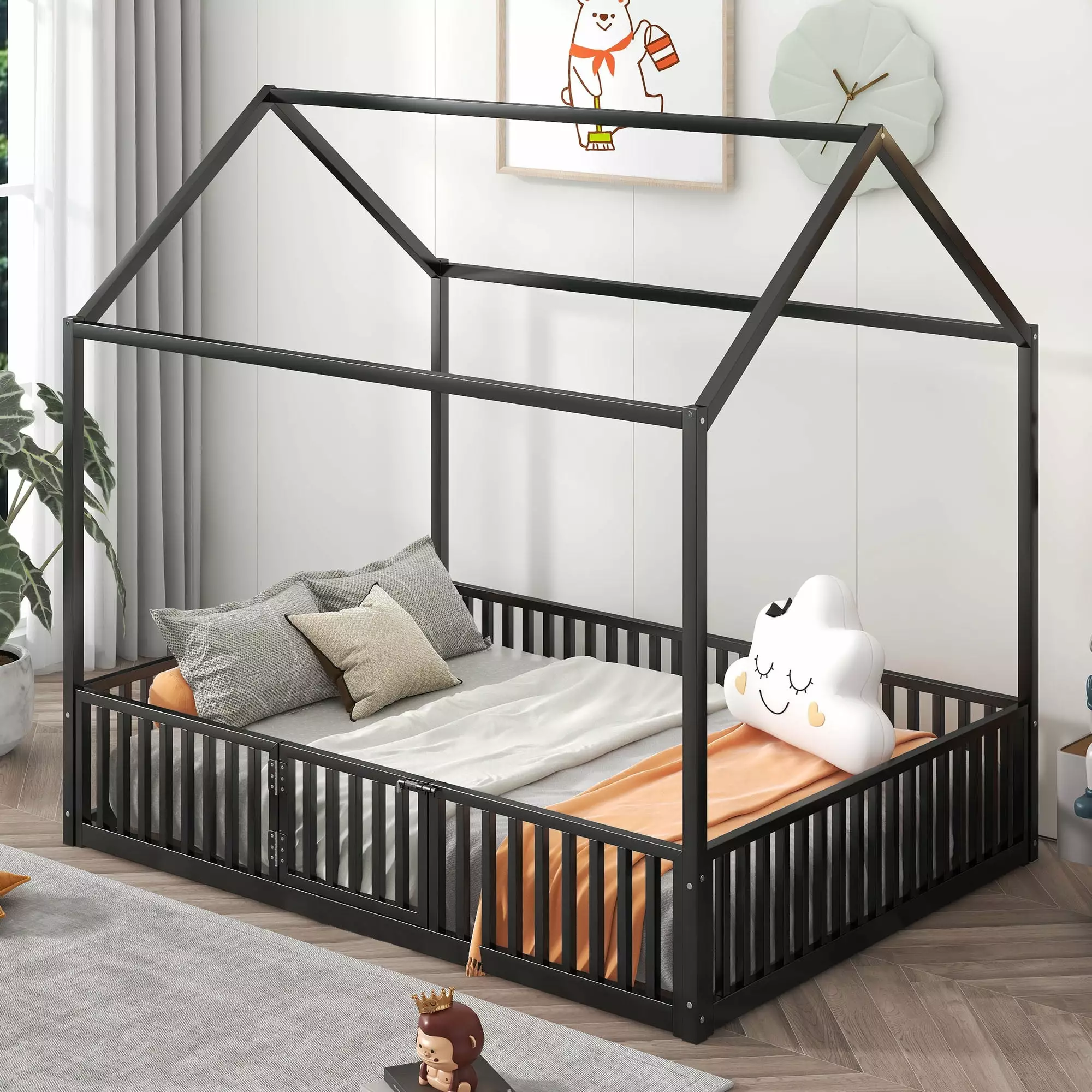 Euroco Metal Twin Size Houtilize Bed Frame Low Profile Canopy Bed Fence and Door Black