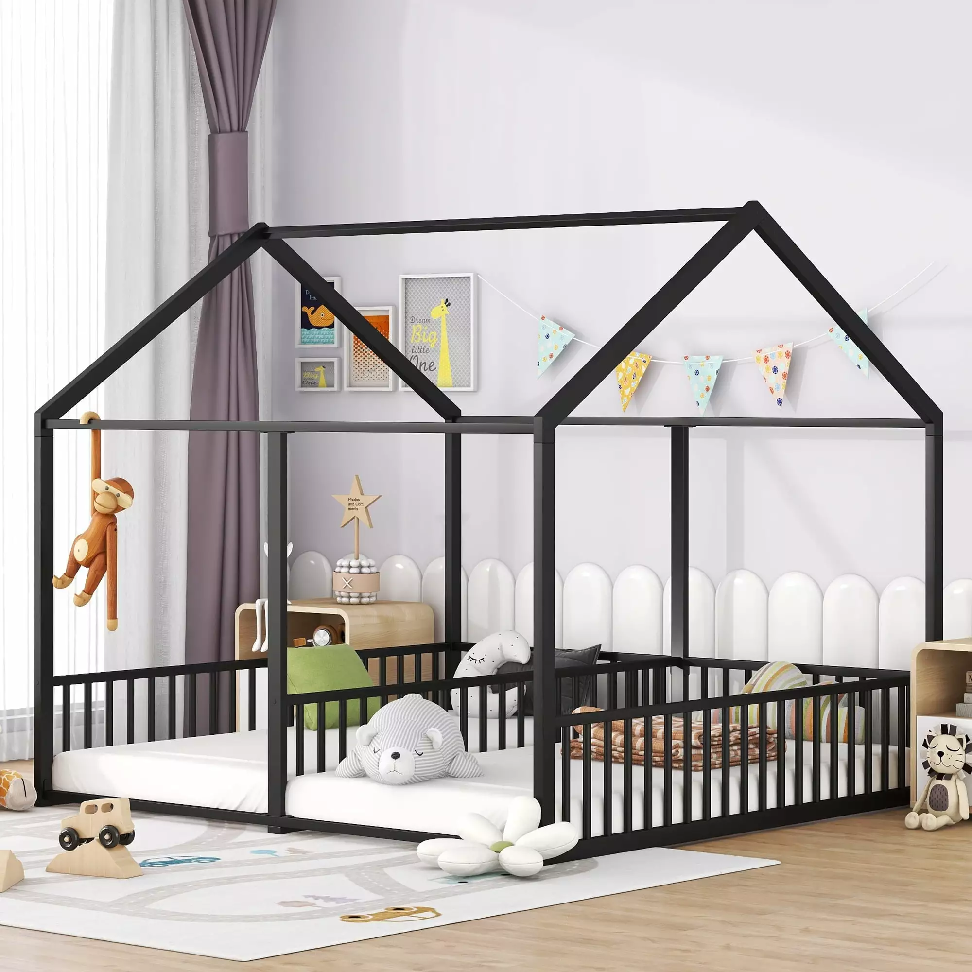 Euroco Metal Twin Size Houtilize Canopy Bed 2--1 Platform Beds Kids Room