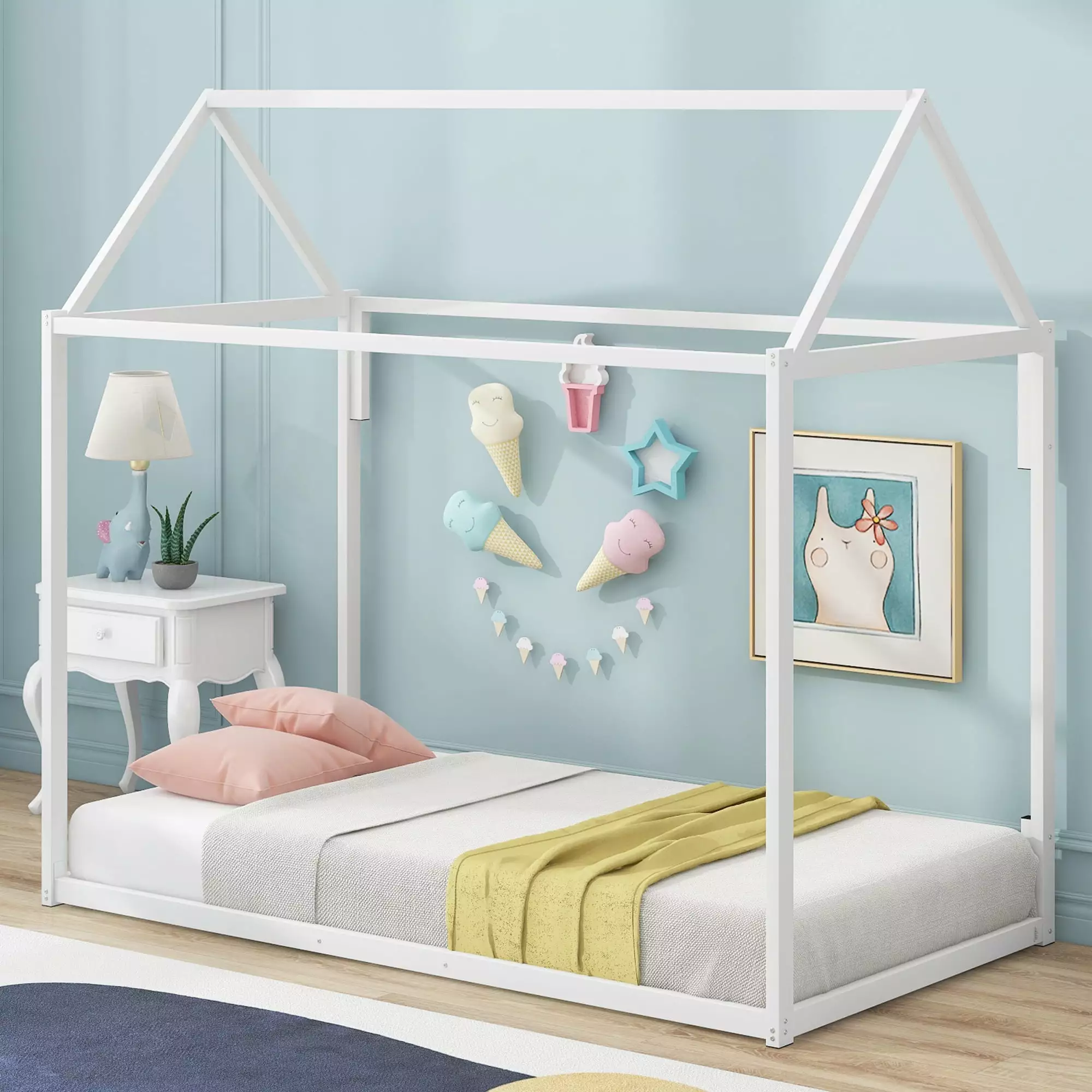 EUROCO Metal Twin Size Tent Bed Kids Solid Canopy Bed White
