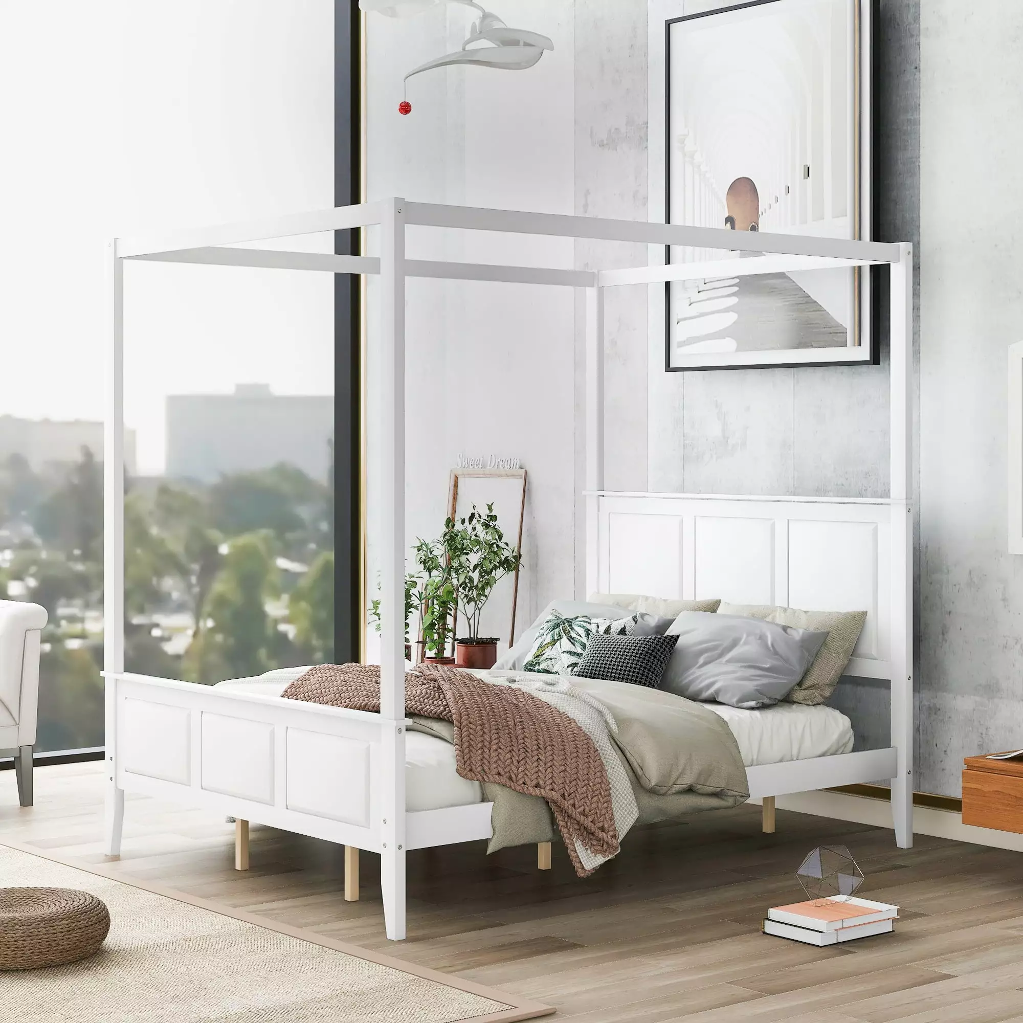 Euroco Wood Queen Size Canopy Platform Bed Four Support Legs Kids Teens Adults White