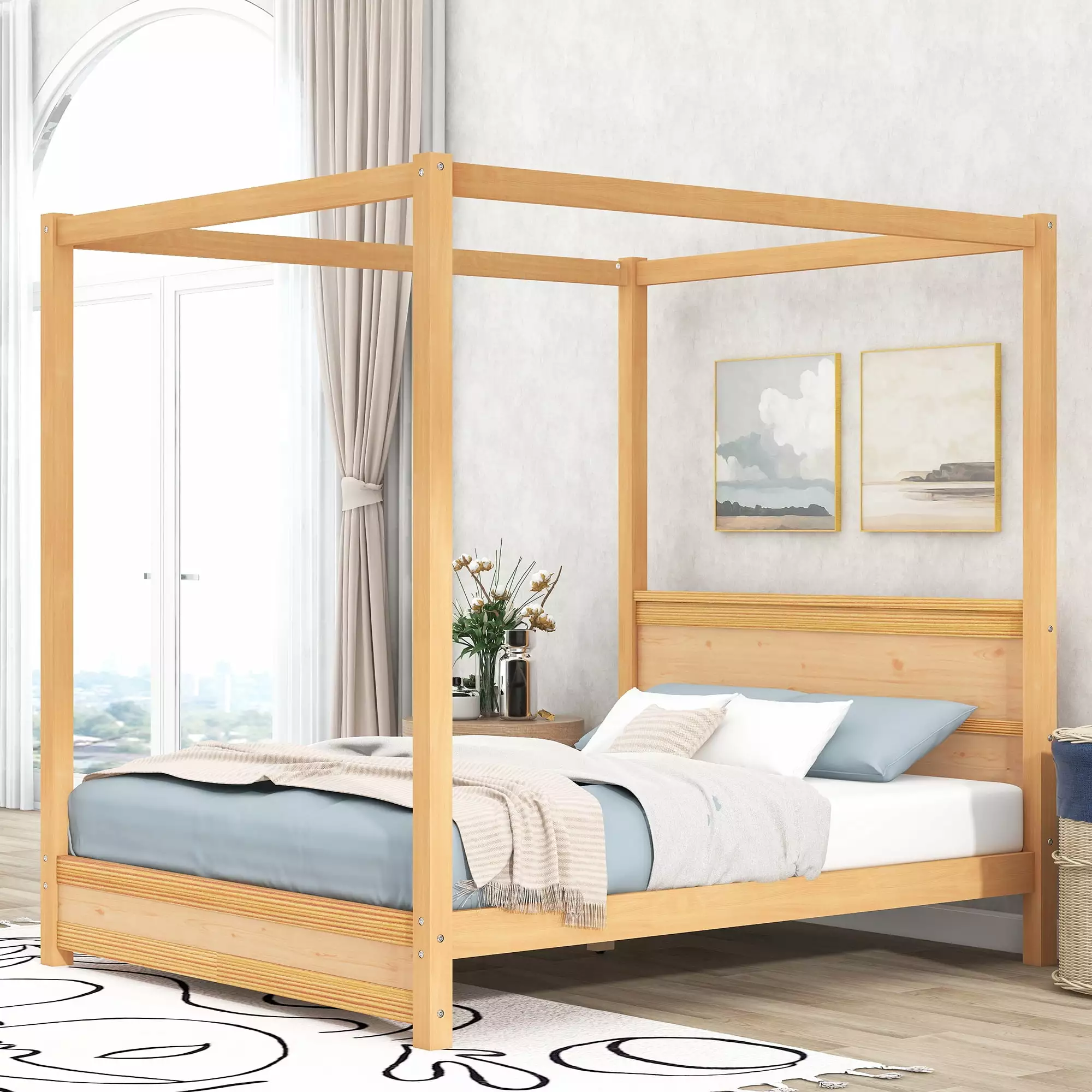 EUROCO Wood Queen Size Canopy Platform Bed Headboard Natural Finish