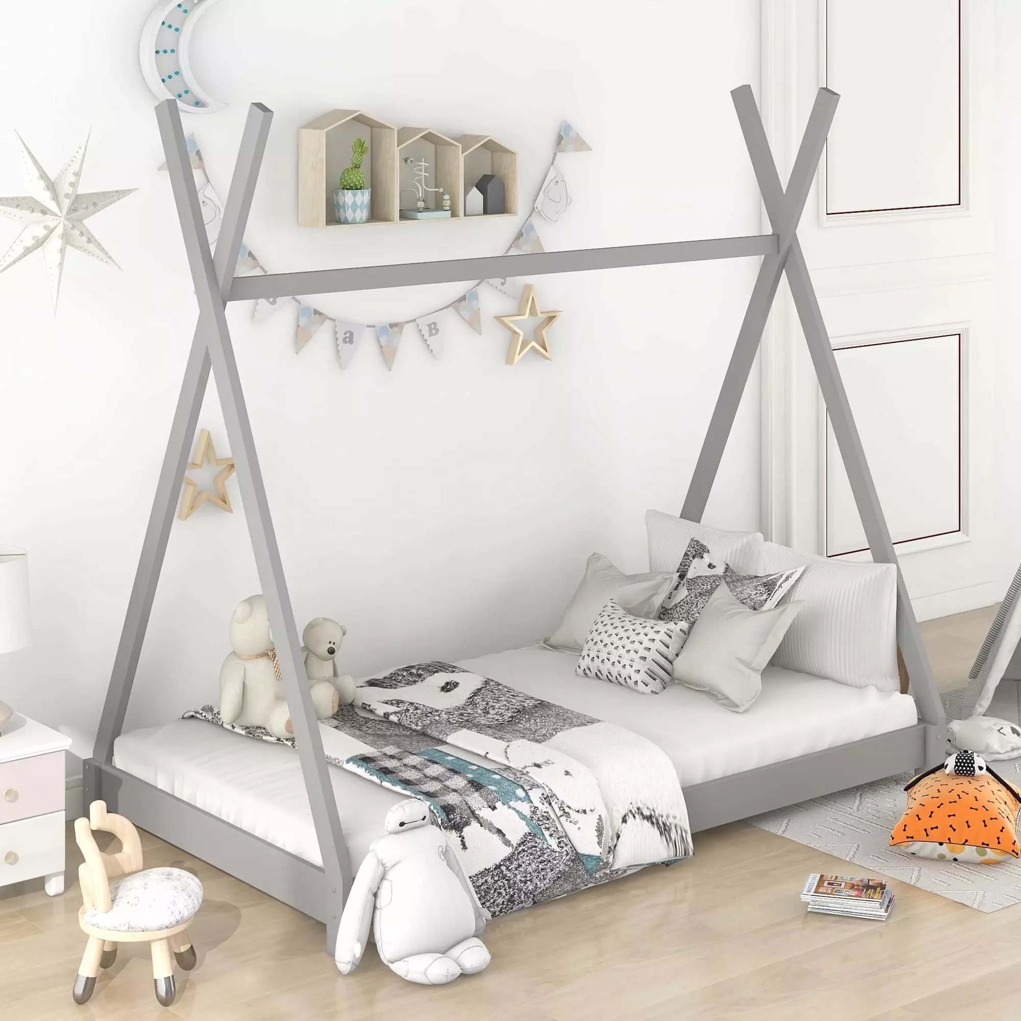 EUROCO Wood Twin Size Platform Bed Kids Canopy Tent Bed Living Room Gray