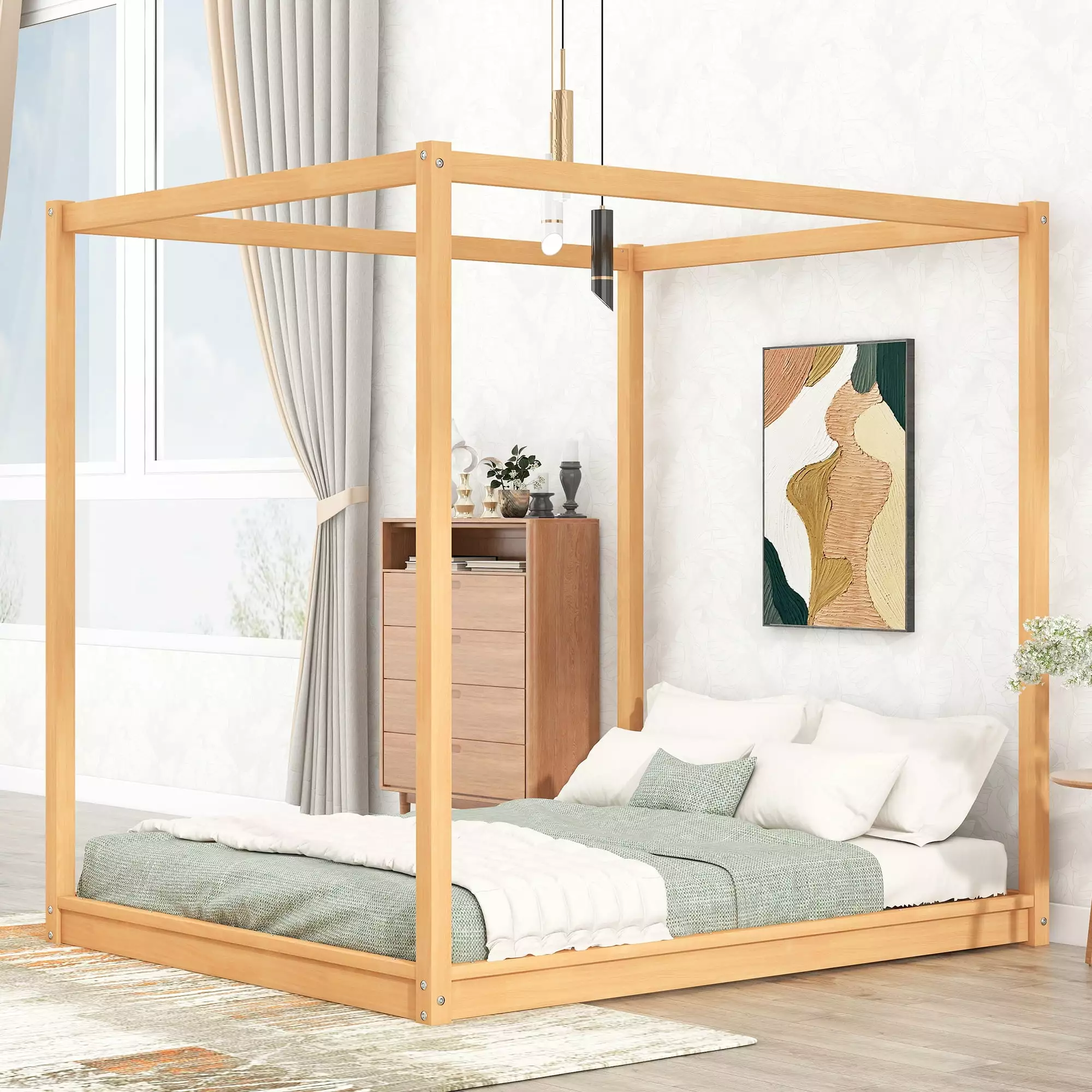 Wood Queen Size Canopy Platform Bed Support Frame Bedroom Natural Euroco