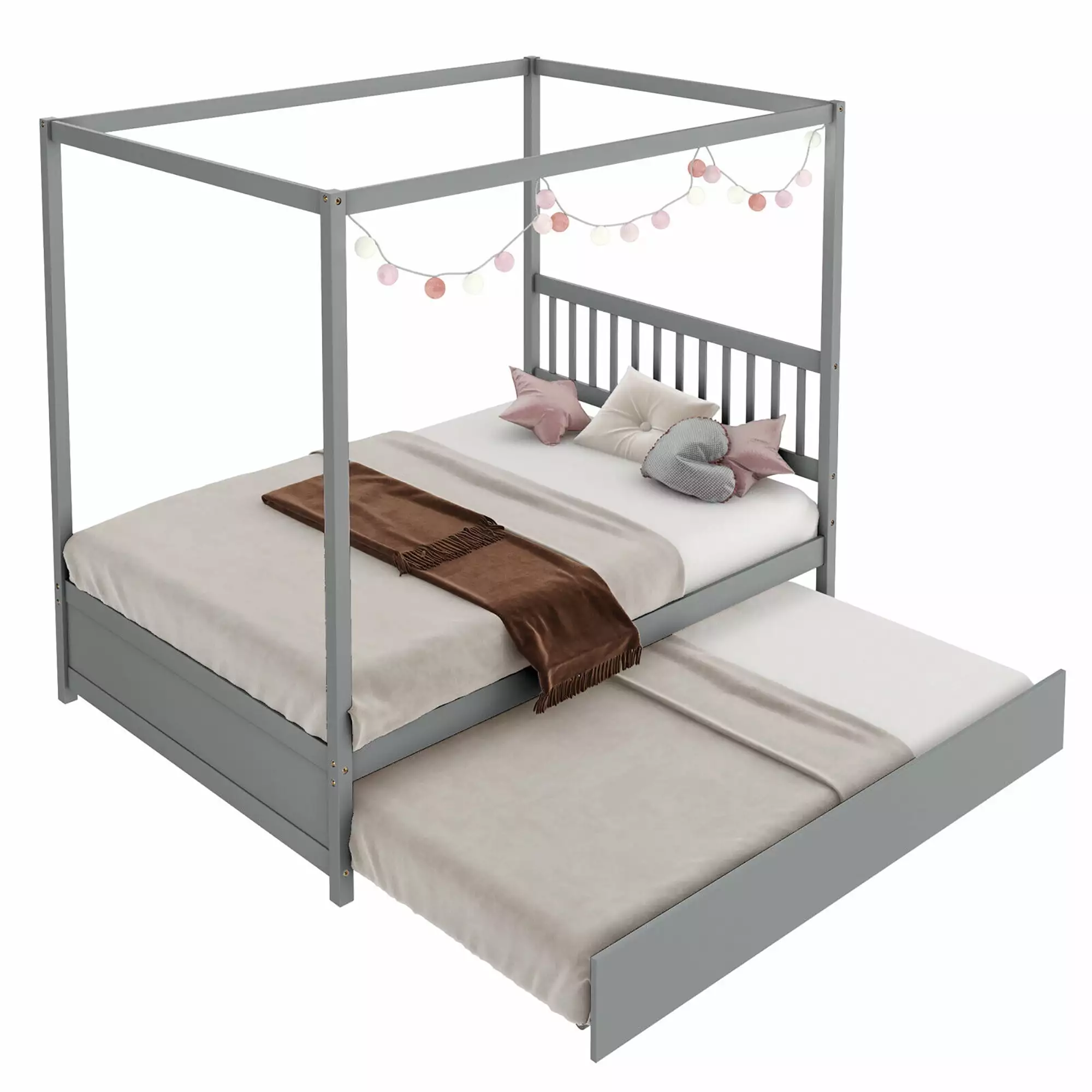 Gymax Full Size Canopy Bed Trundle - Wooden Platform Bed Frame - Grey
