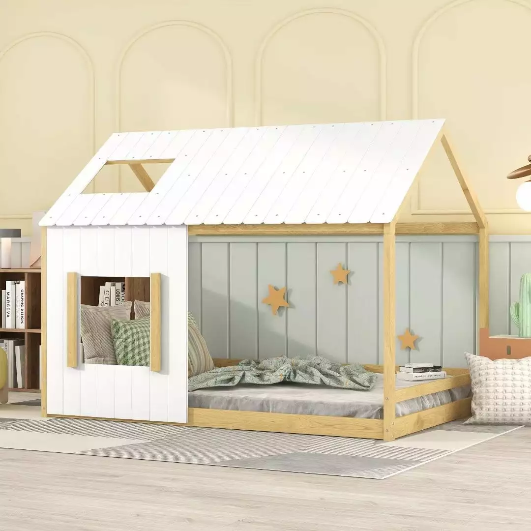 Full Size Houtilize Bed Wood Kids Floor Bed Frame Canopy Bed Cottage Style Cabin Beds Rustic Design JINS & VICO