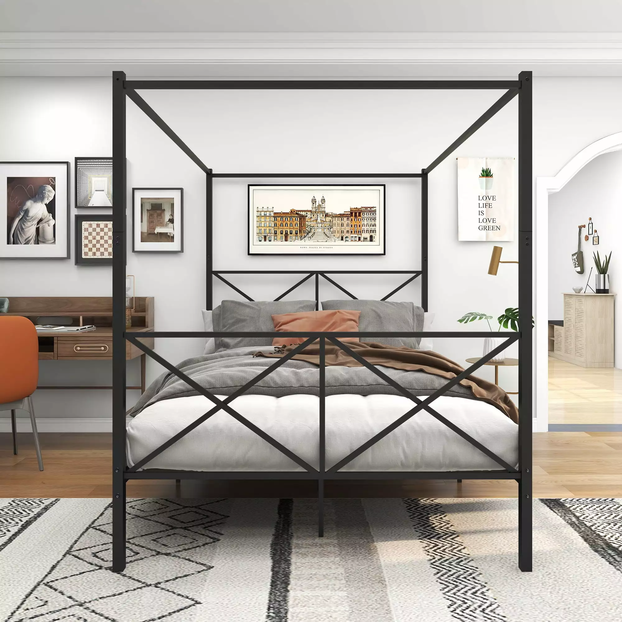 BTMWAY Queen Size Metal Canopy Bed Frame X Shaped Headboard Black LegaHome
