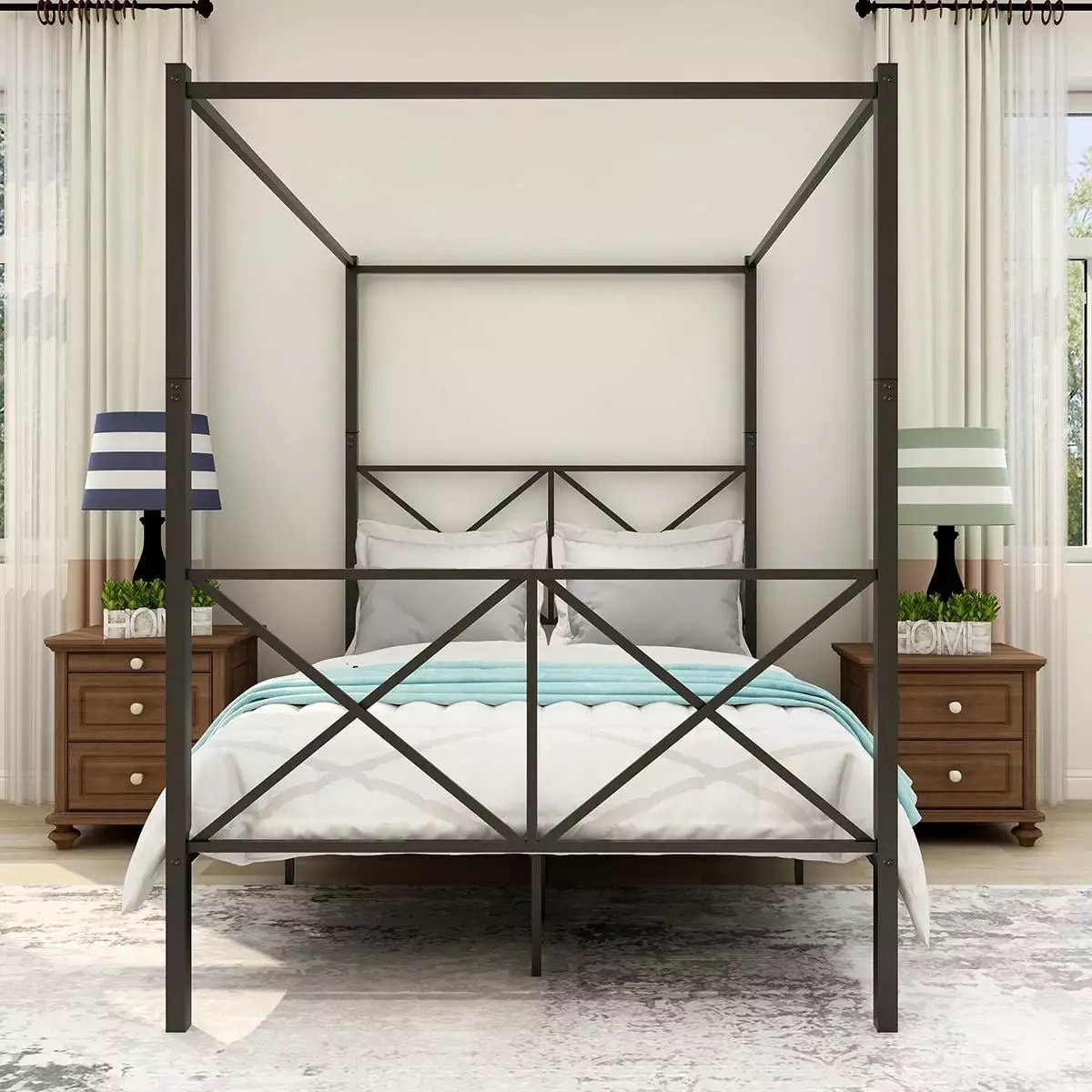 LegaHome Full Size Metal Canopy Bed Frame Detachable Headboard and Footboard - 400-600lbs Capacity Black Platform Bed