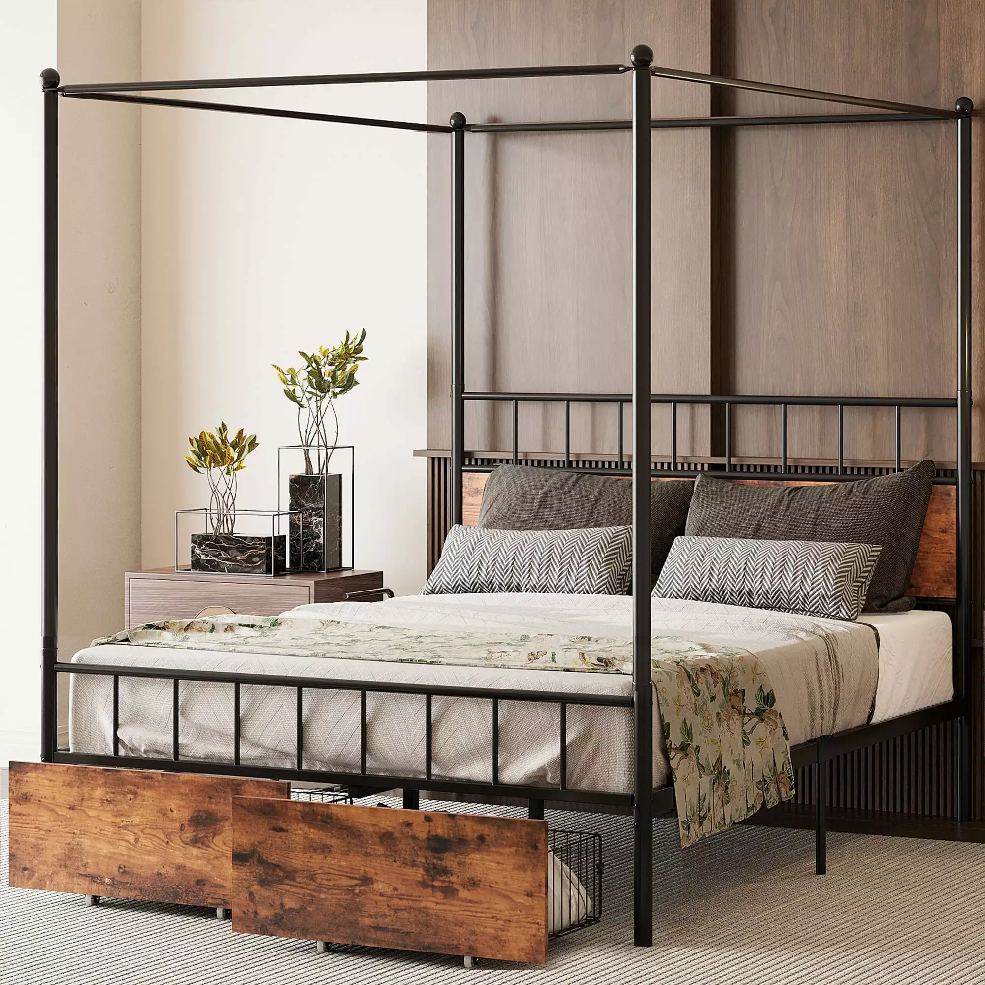 LIKIMIO Queen Canopy Bed Frame Wooden Headboard and Drawer Vintage Brown