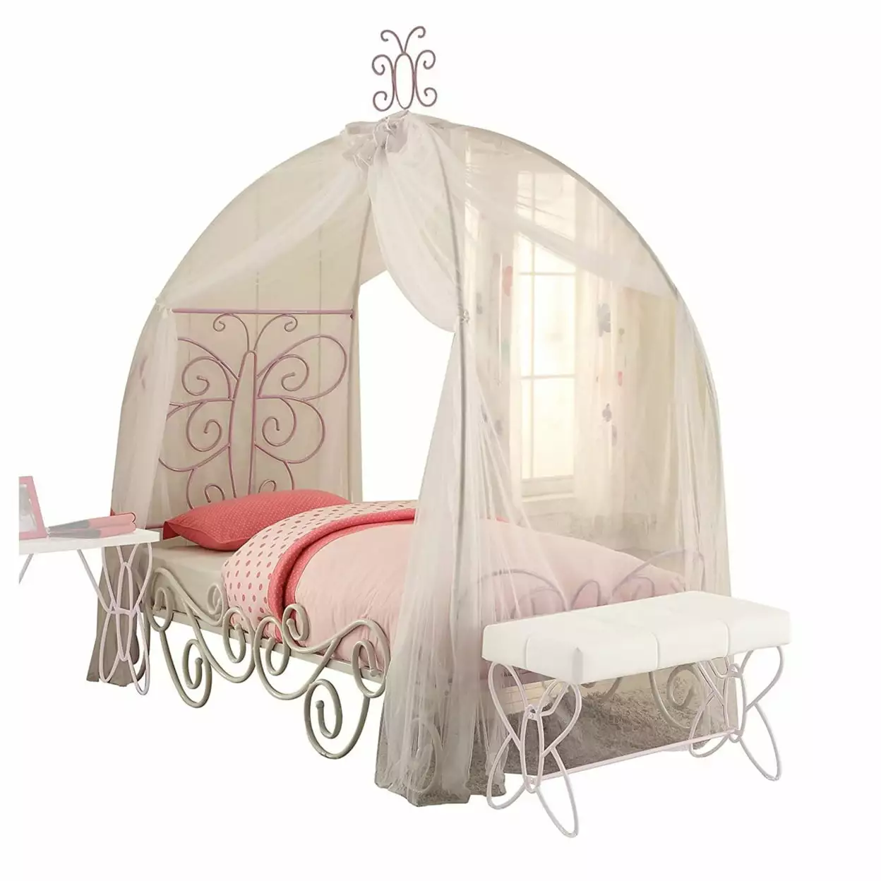 Priya II Twin Canopy Bed White and Light Purple Kids Bedroom Saltoro Sherpi
