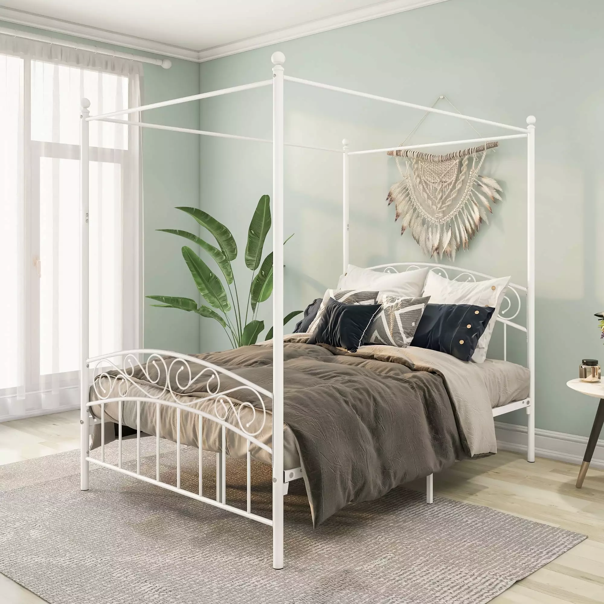 Full Size Metal Canopy Bed Frame Ornate European Style Headboard and Footboard 600lbs Weight Capacity Easy Assembly White ...