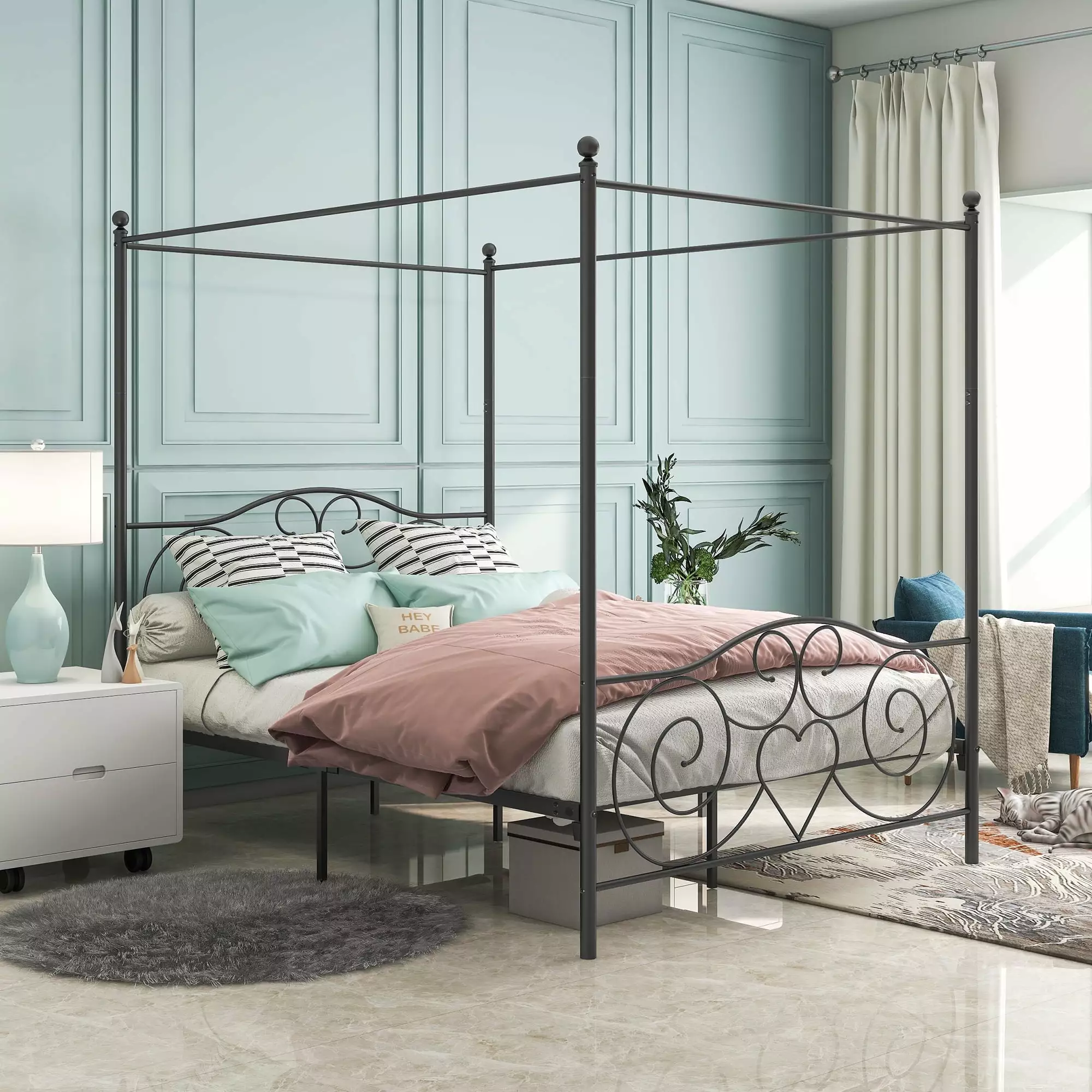 Queen Canopy Bed Frame Under-Bed Storage Metal Platform Bed Vintage Style Headboard Footboard Black No Box Spring Required...