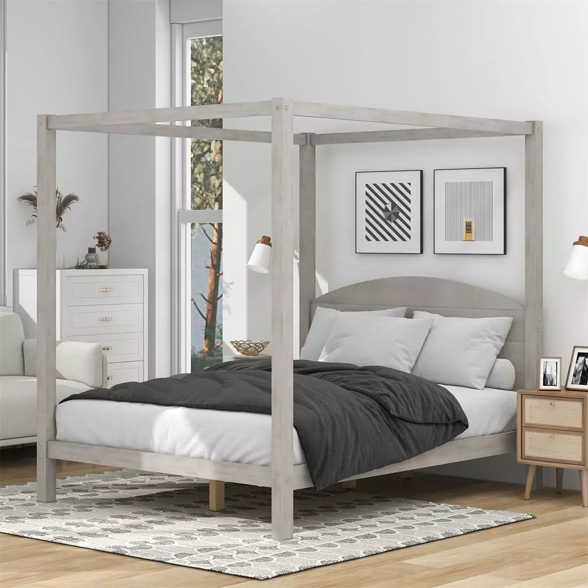 Queen Size Canopy Platform Bed Frame Headboard and Support Legs Grey Triple Tree