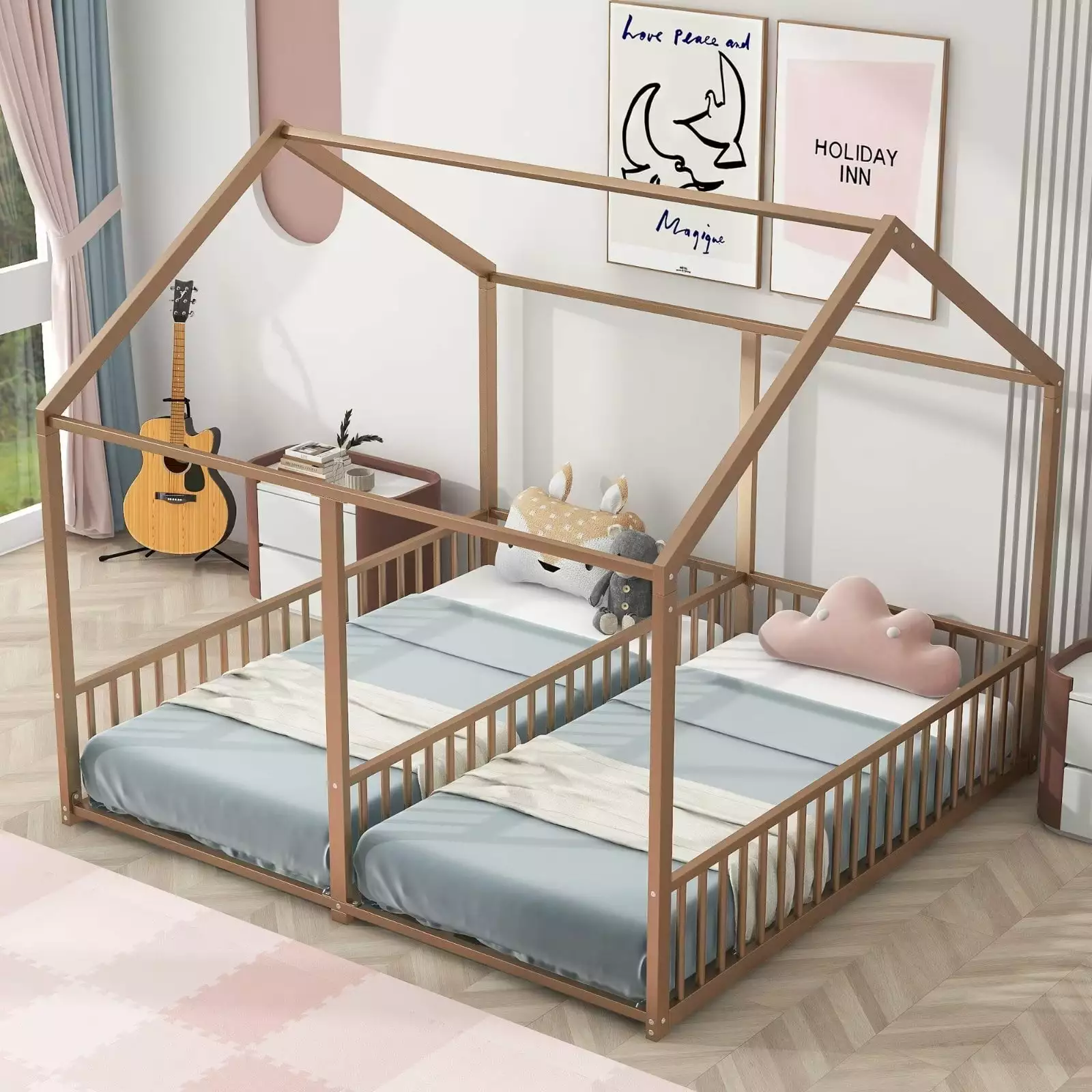 Twin Bed Frame Double Metal Houtilize-shaped Floor Bed Guardrail Twin Size Montessori Canopy Bed Frame Boys Girls Gold Tri...