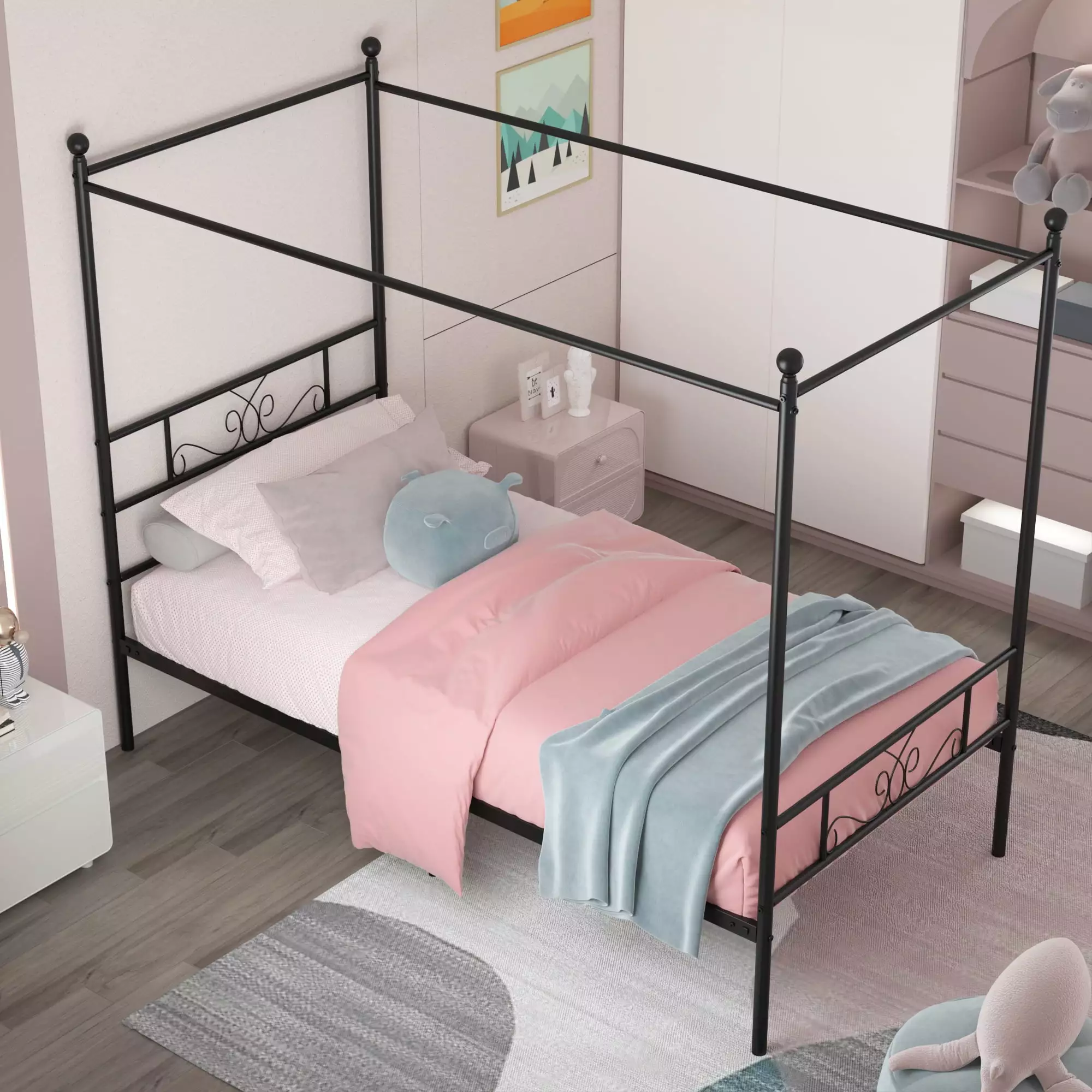 Yoneston Black Twin Size 4-Post Canopy Bed Frame Metal Platform Mattress Foundation Headboard Footboard Kids Adults