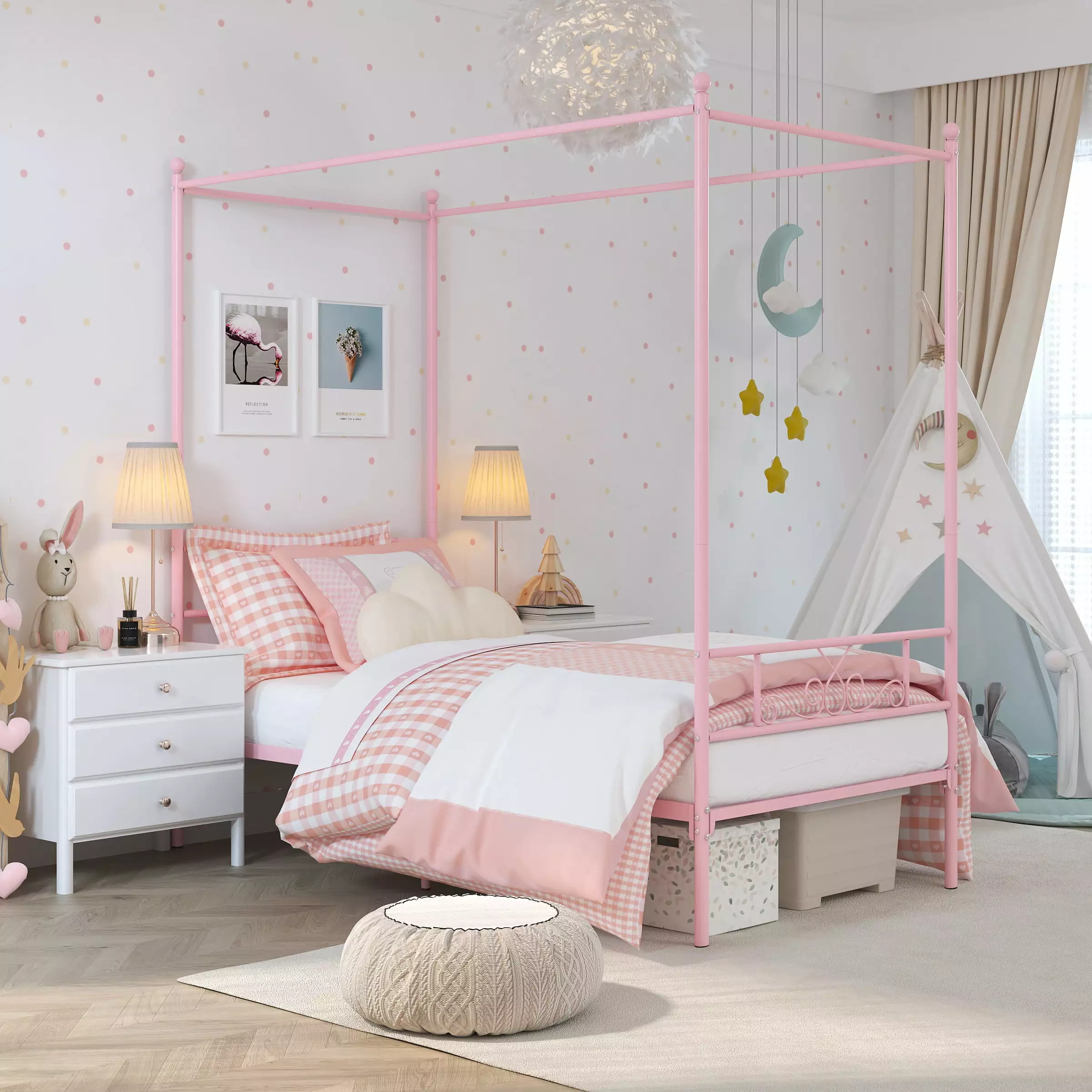 Yoneston Twin Canopy Metal Bed Frame Girls 2 1 Detachable 4-Post Single Platform Bed Frame Headboard Footboard