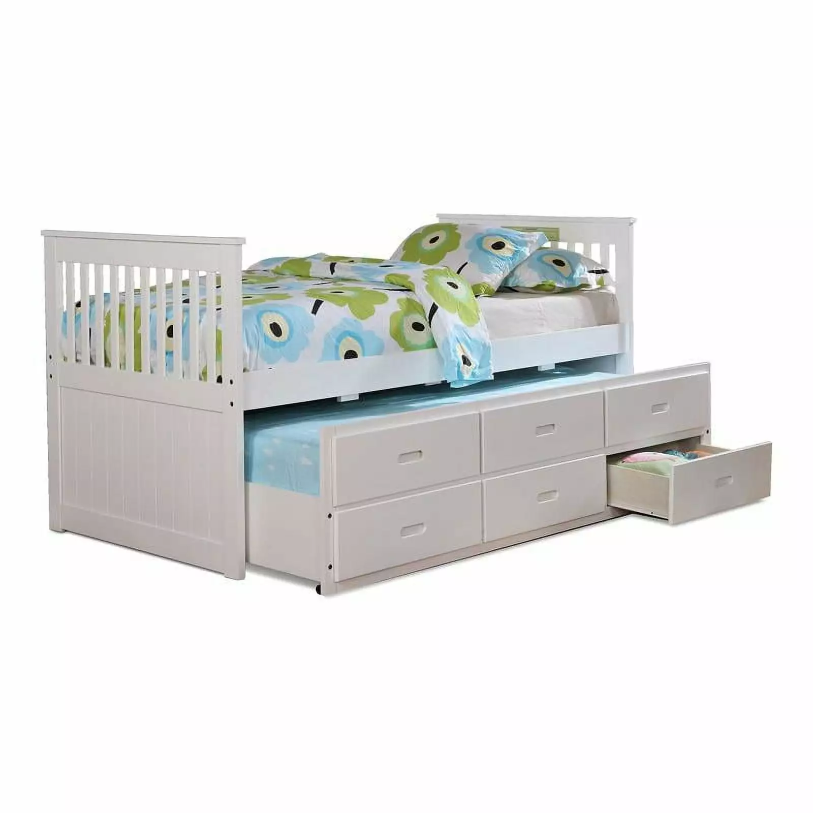 BEKids Solid Wood Twin Captain Bed Twin Trundle and 3 Drawers White - Durable and Spacious