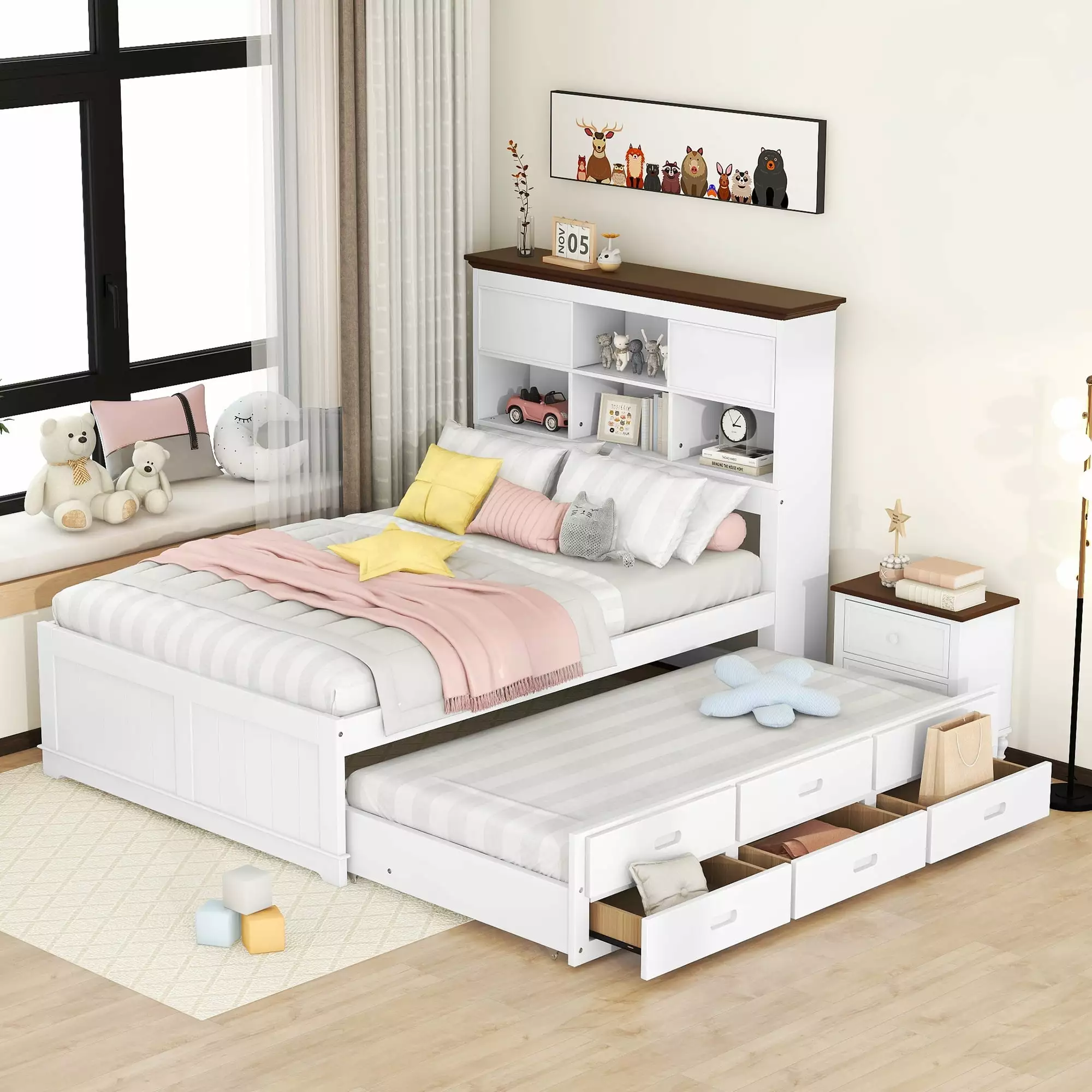 Bellemave Full Bed Drawers and Trundle Wooden Captain Bed Bookcase Headboard and Storage Full Size Platform Bed Kids Teens...