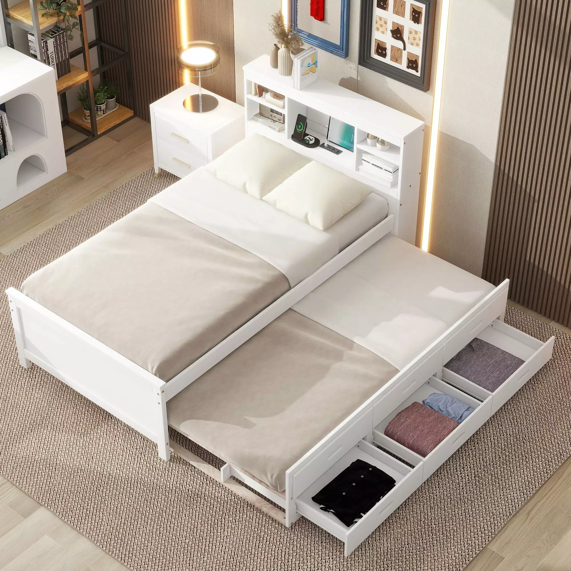 Bellemave Twin Size Captain Bed Storage Bookcase Headboard USB Charging Ports Trundle and Drawers Wooden Bed Frame Kids Te...