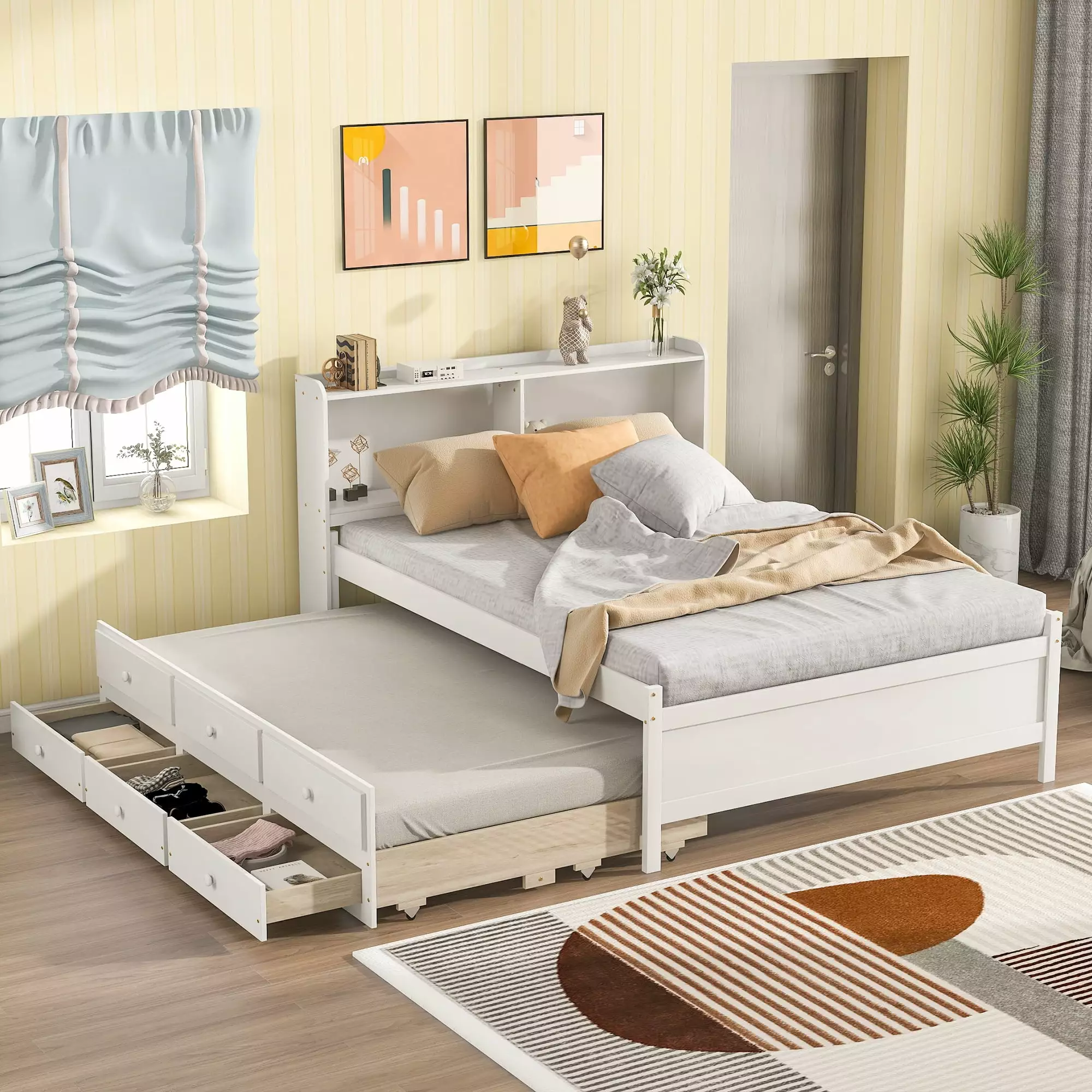 Wood Full Size Platform Bed Trundle and Drawers Full Captain Bed Bookcase Headboard Kids Teens and Adults No Box Spring Ne...